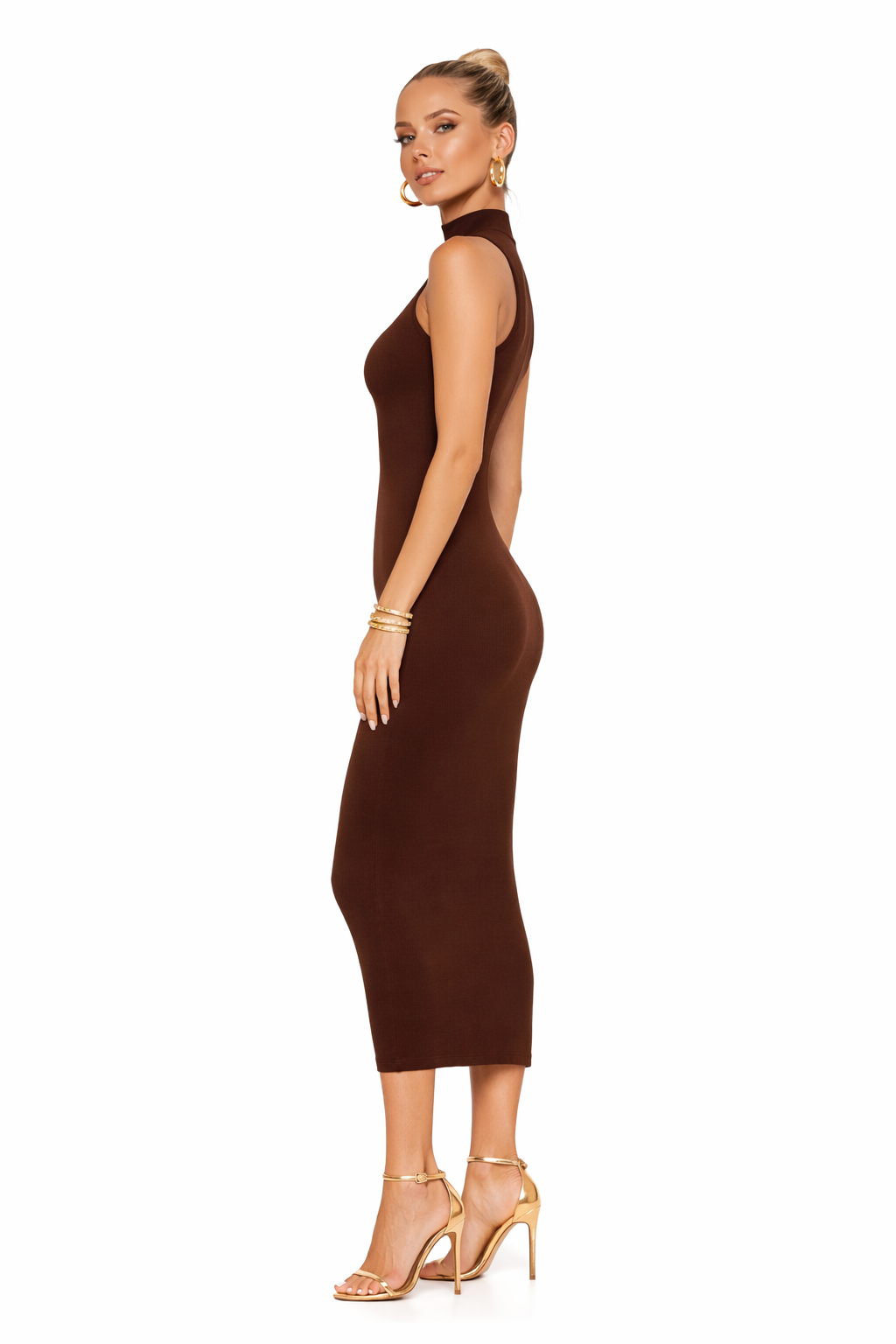 Ribbed Knit Mock Neck Midi Dress