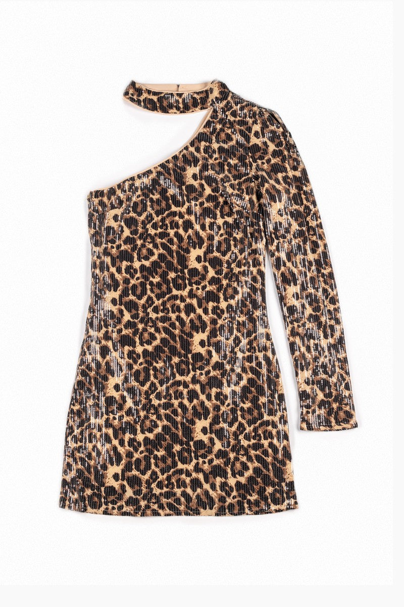 Sequin One-Shoulder Leopard Mini Dress