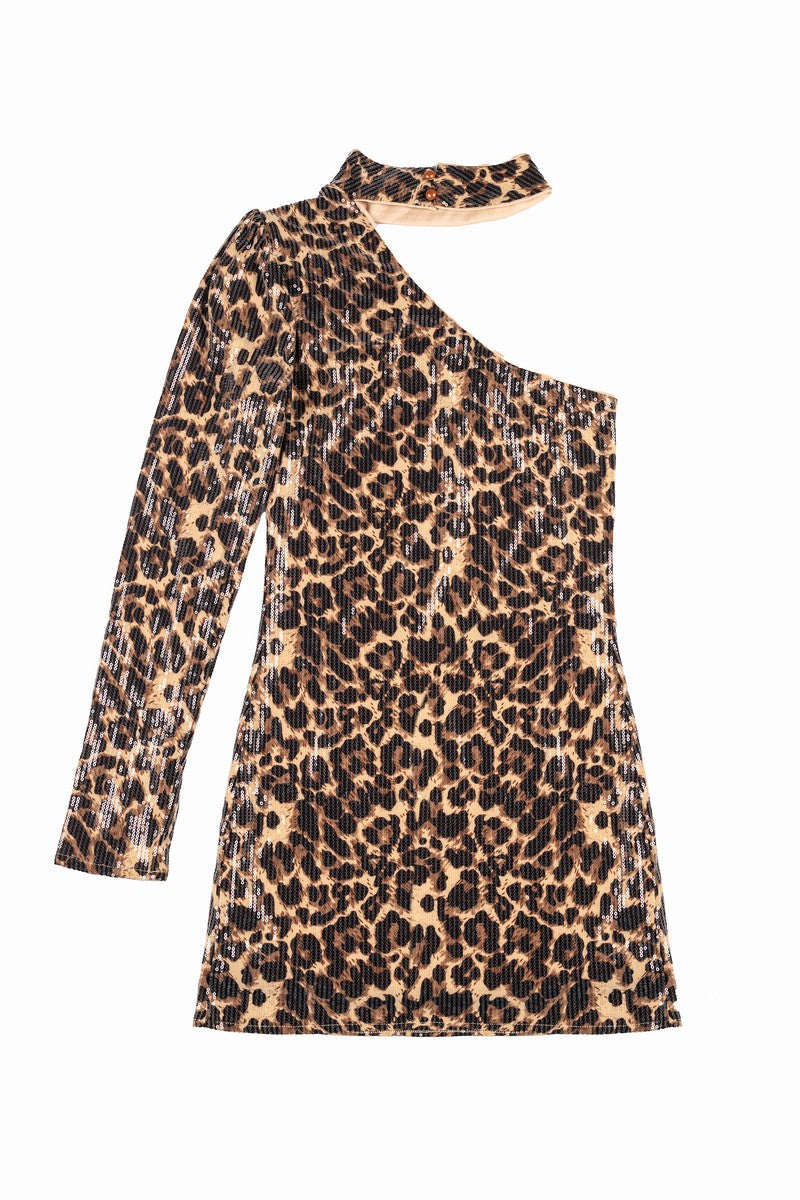 Sequin One-Shoulder Leopard Mini Dress