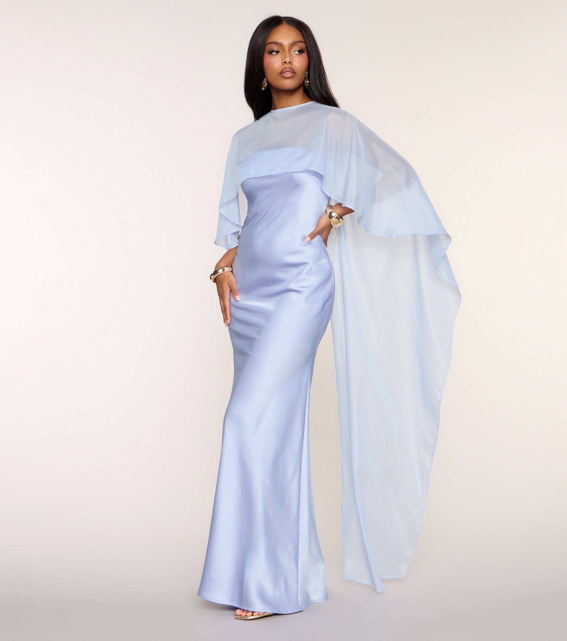 Felicity Satin Dress With Sheer Shawl