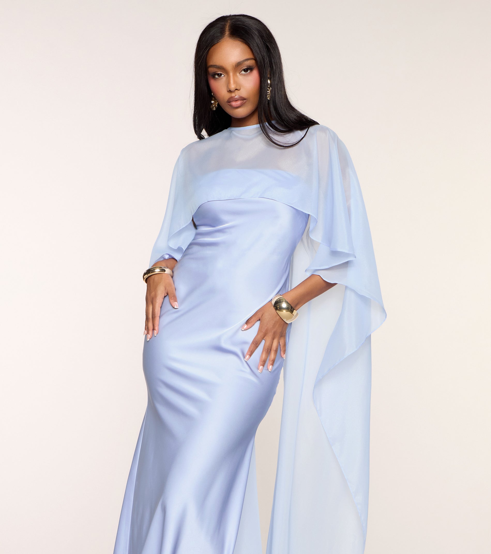 Felicity Satin Dress With Sheer Shawl