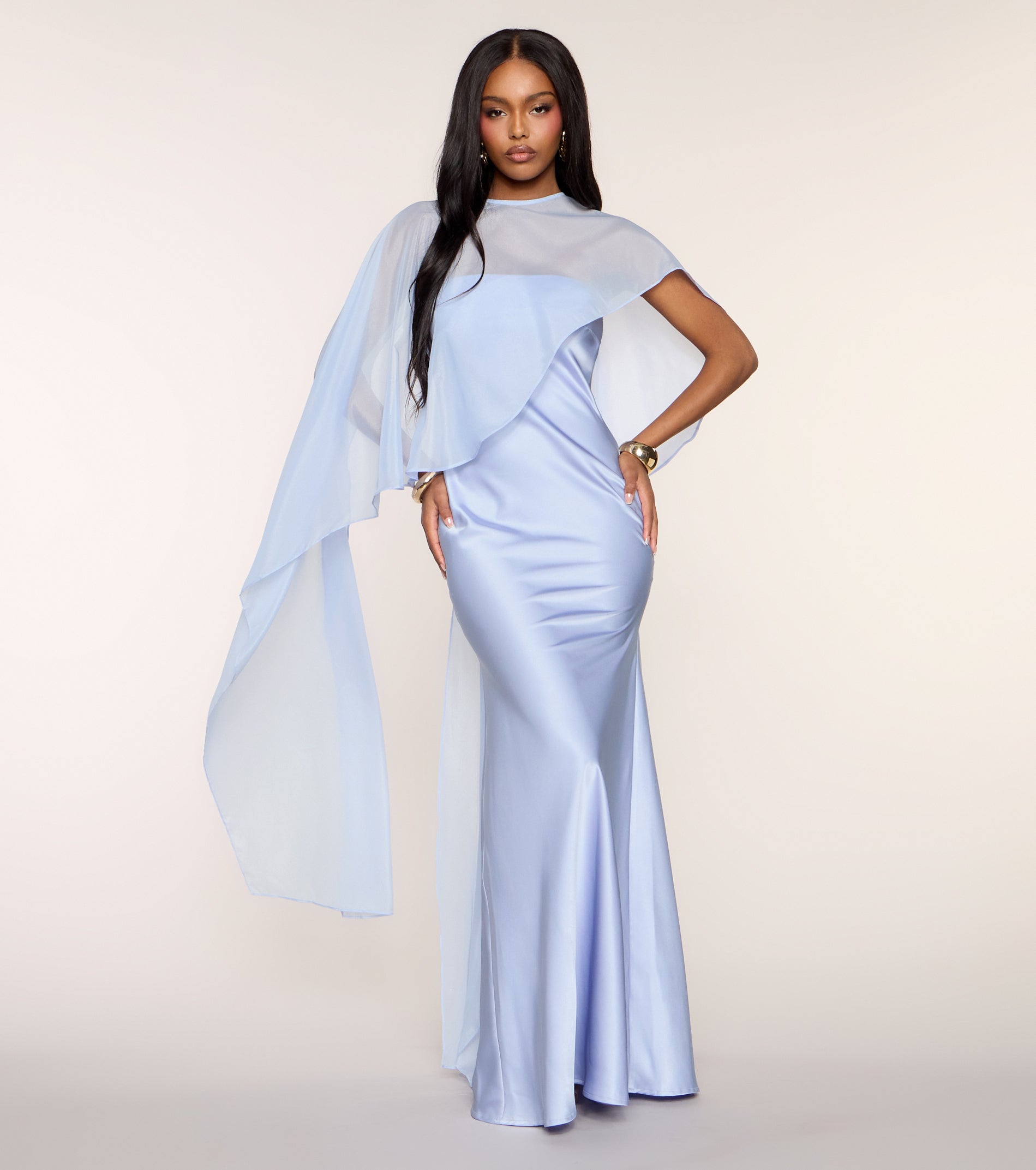 Felicity Satin Dress With Sheer Shawl