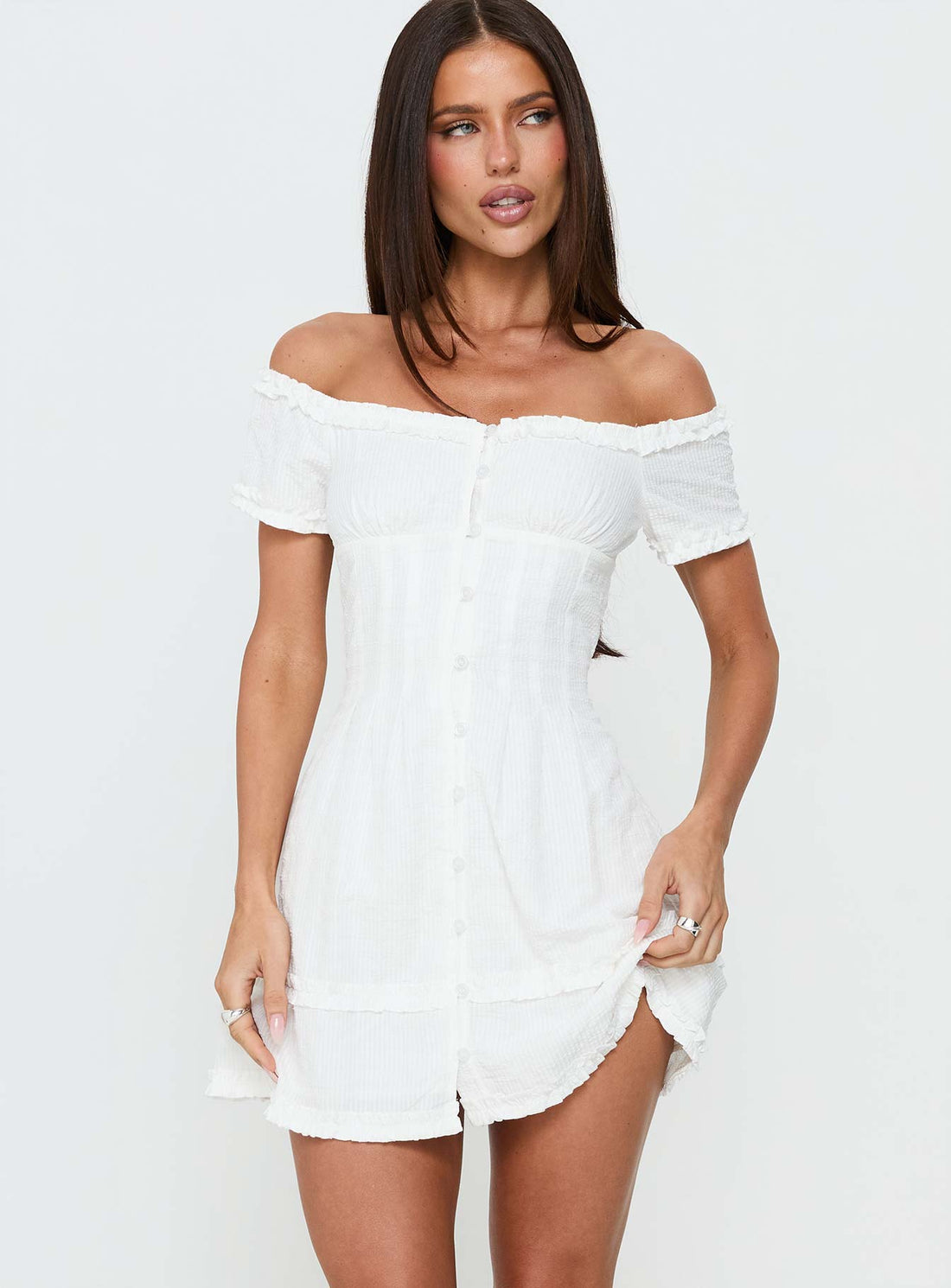 Zoela Off Shoulder Ruffle Mini Dress White