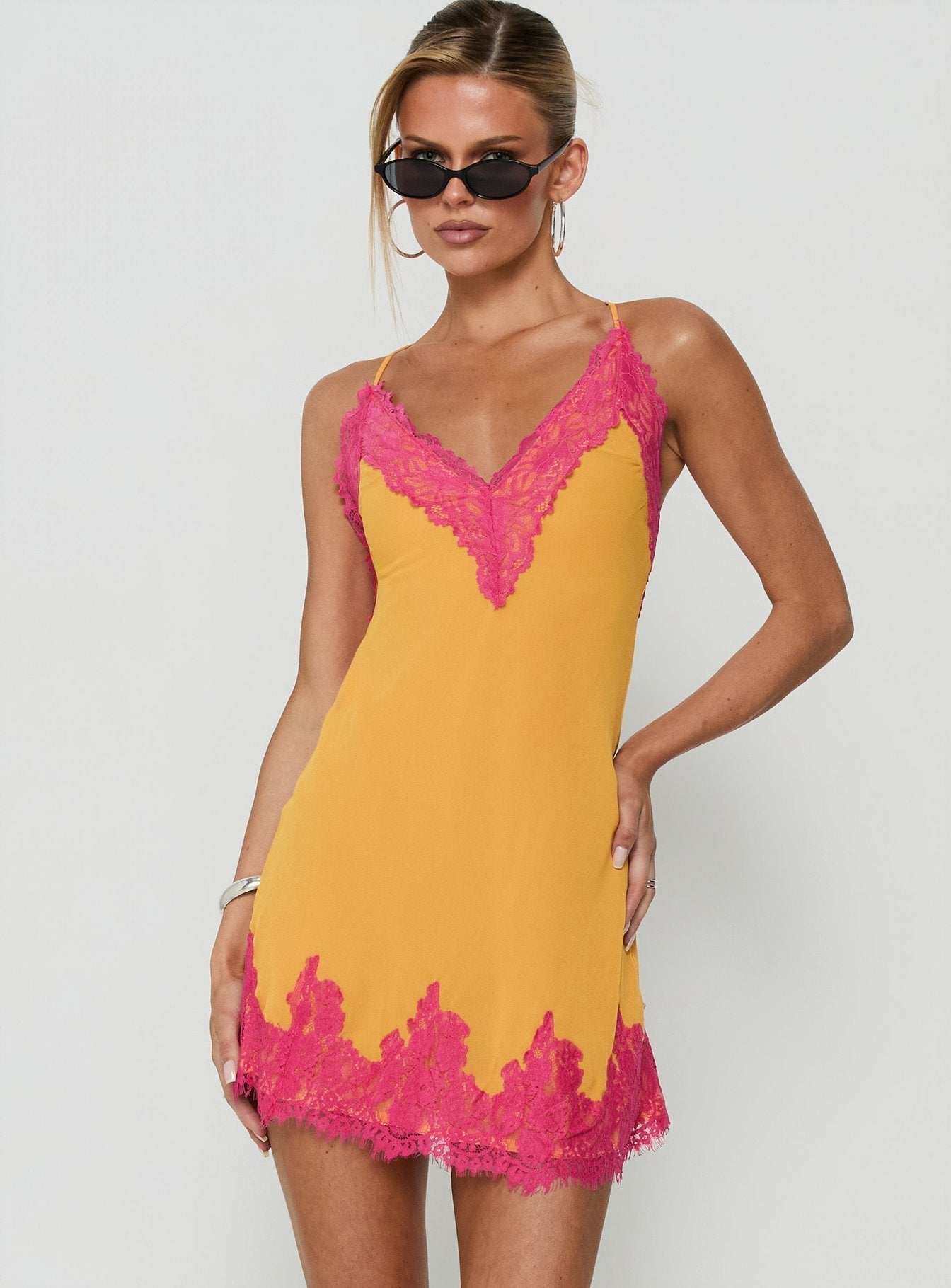 Call My Lover Lace Slip Mini Dress Gold / Fuchsia