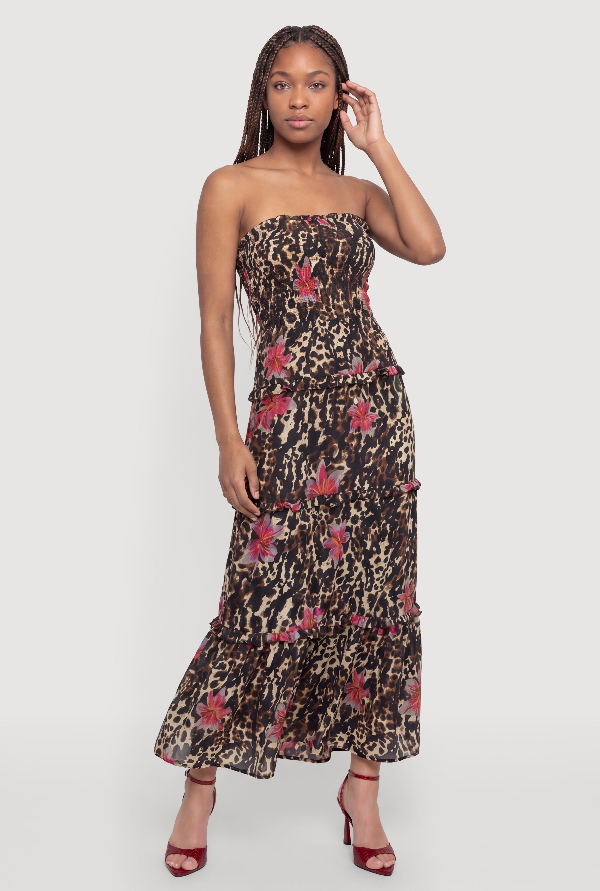 Floral Leopard Print Ruffle Tiered Tube Dress