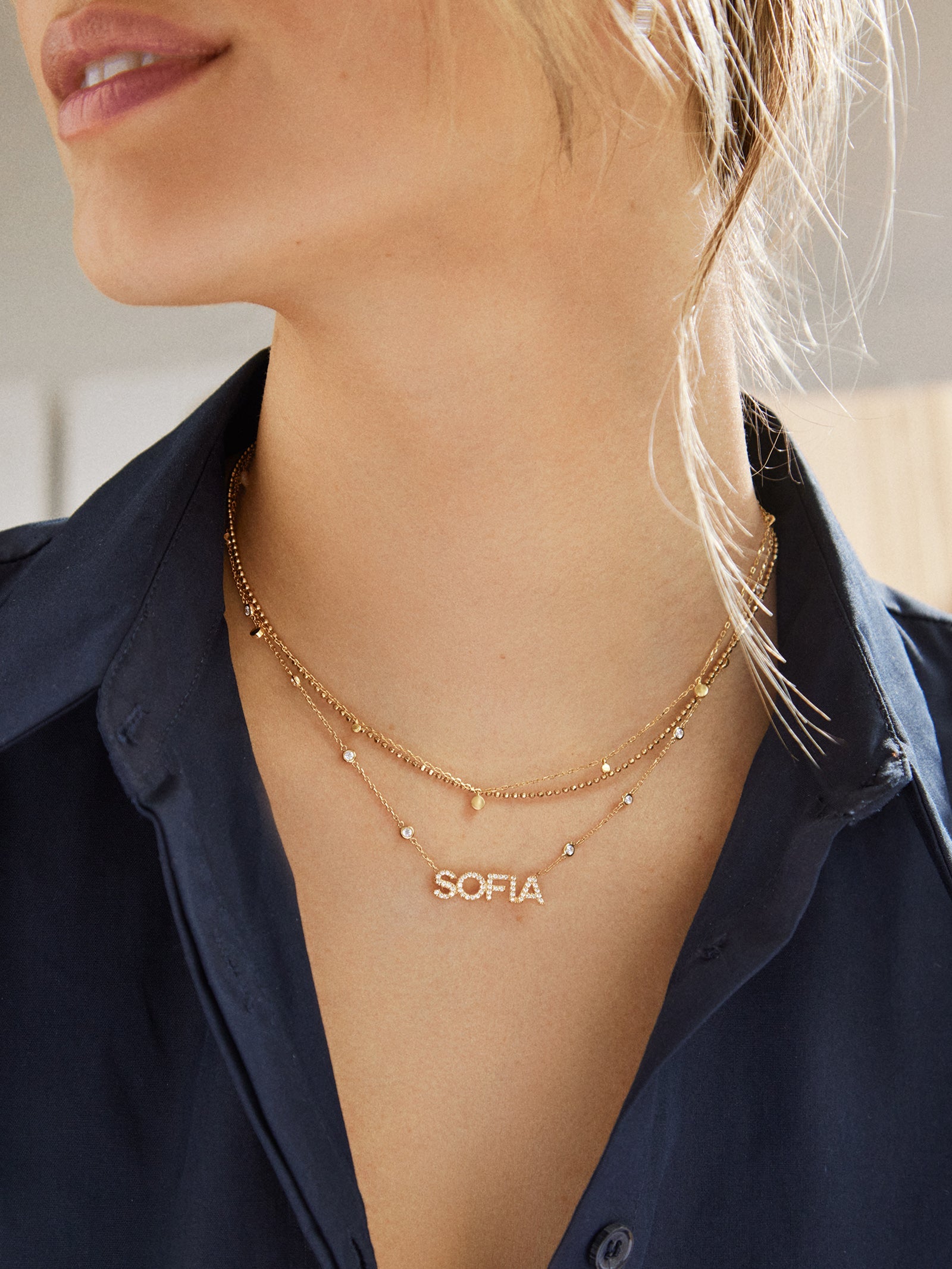 Yasmine 14K Gold Custom Nameplate Necklace - Gold/Pavé
