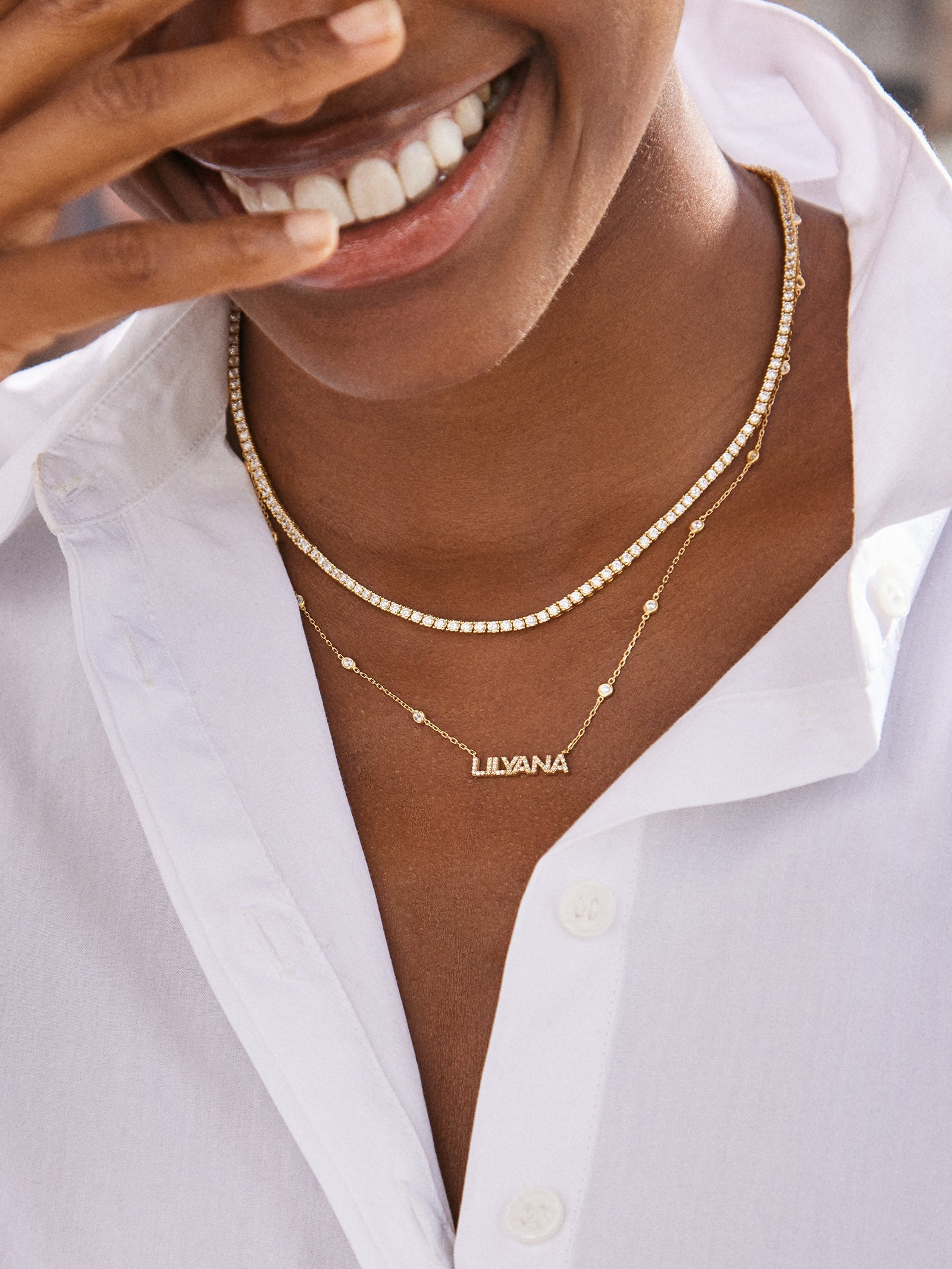 Yasmine 14K Gold Custom Nameplate Necklace - Gold/Pavé