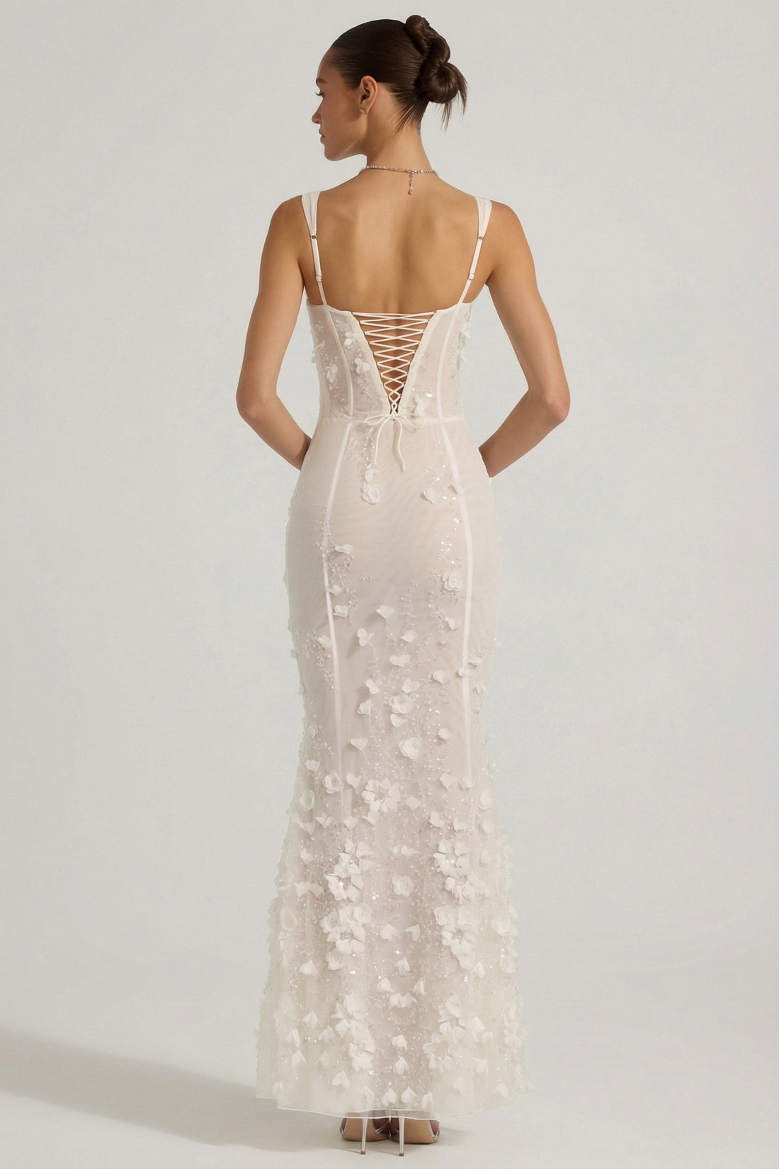 Embellished Appliqué Soft-Scoop Corset Gown in White