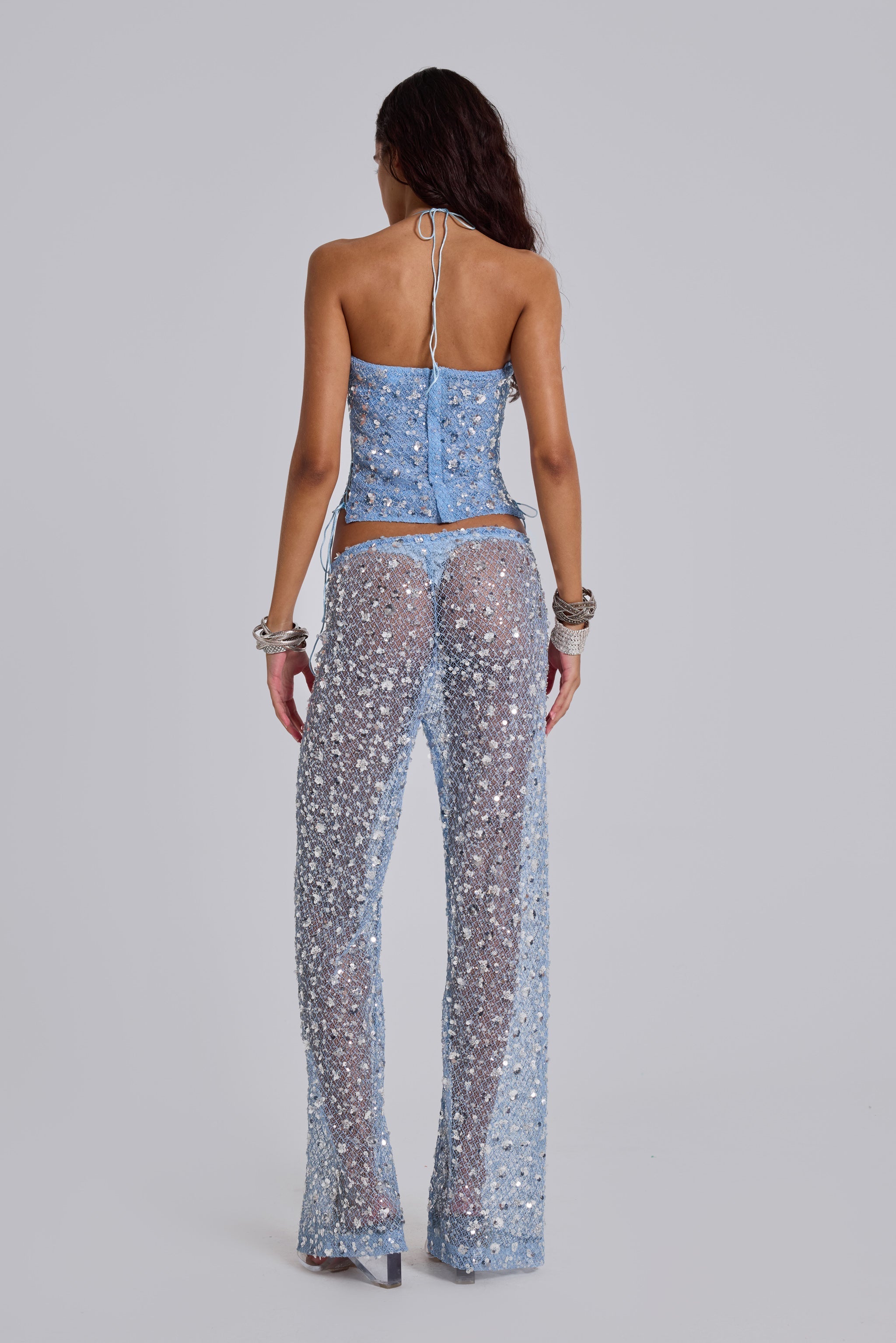 Deva Sequin Knit Corset Top in Sky