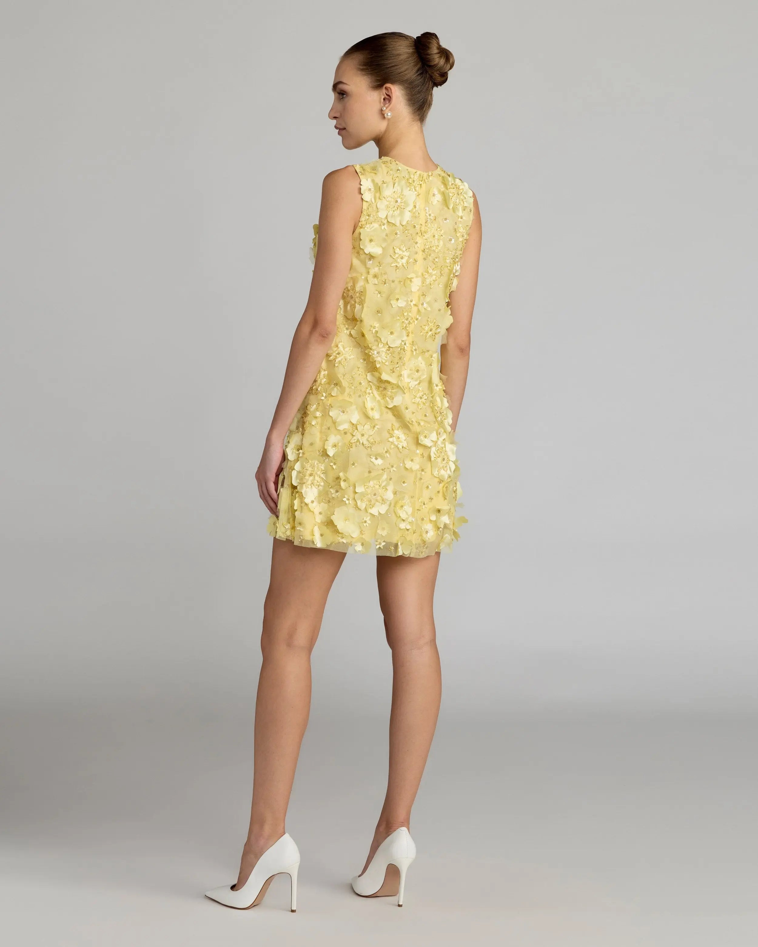 Yellow 3D Floral Embellished Sleeveless Mini Dress