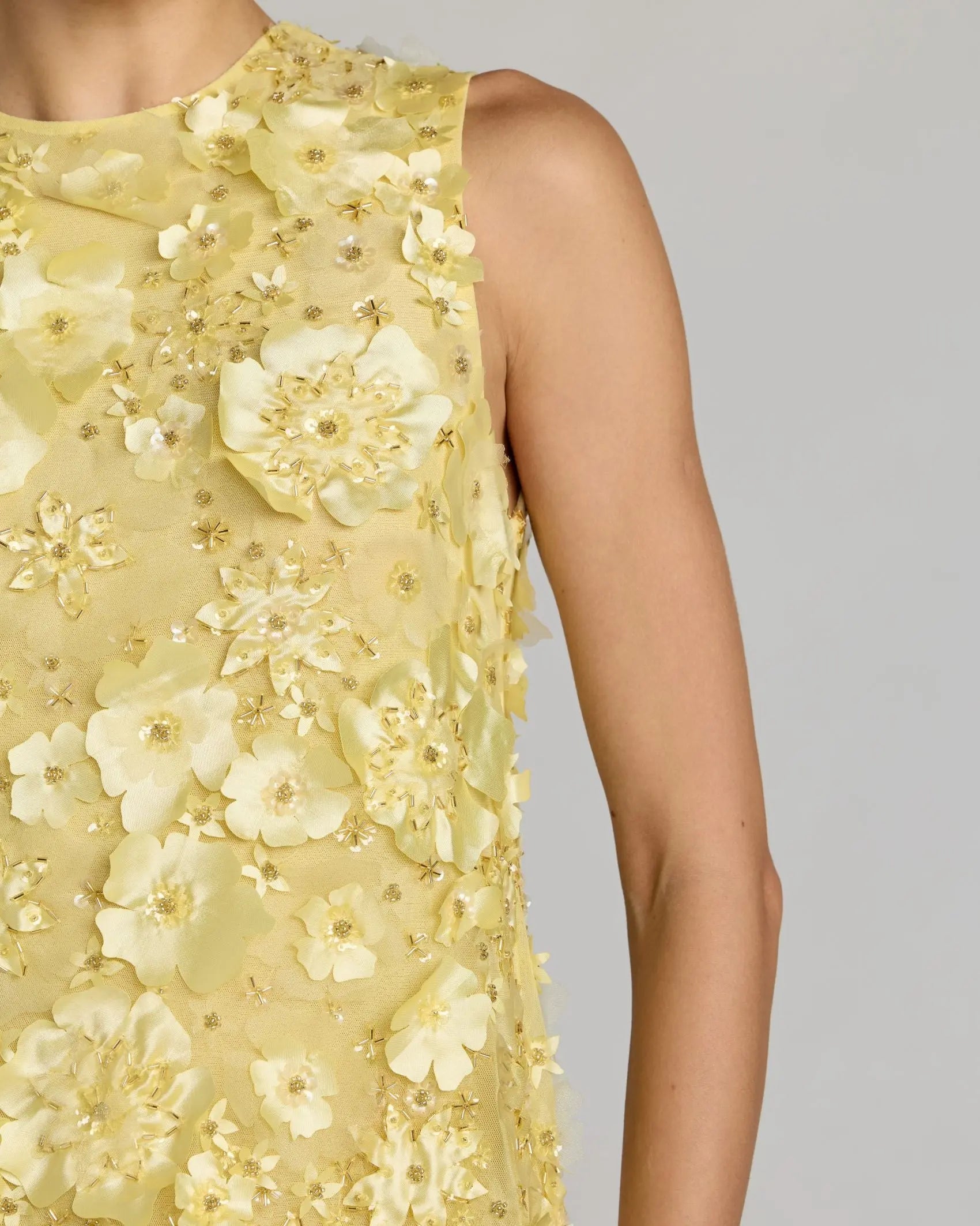 Yellow 3D Floral Embellished Sleeveless Mini Dress