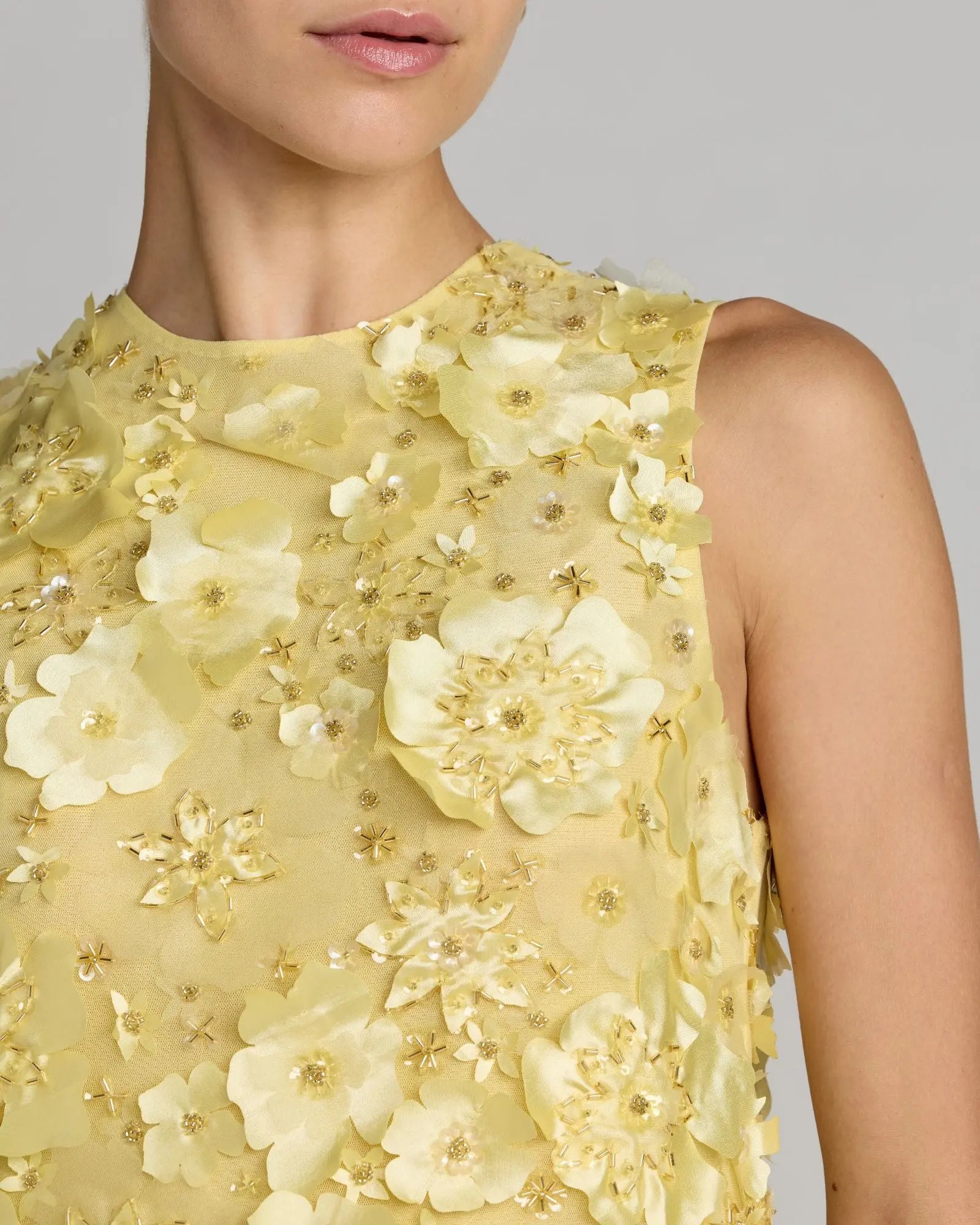 Yellow 3D Floral Embellished Sleeveless Mini Dress