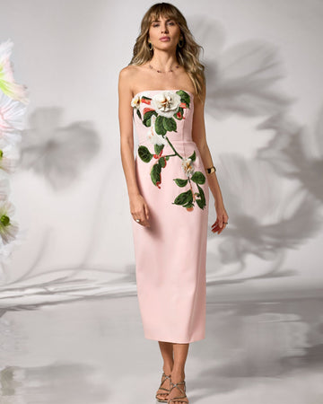 Strapless Placed Floral Applique Crepe Midi Dress Pink Multi