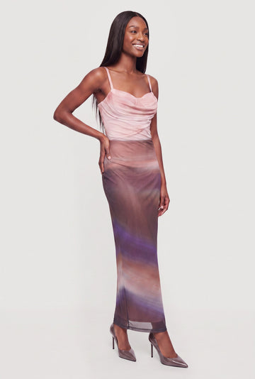 Sweetheart Cowl Neck Ombre Mesh Bustier Dress
