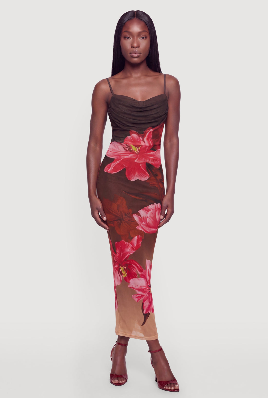 Floral Cowl Neck Bustier Mesh Maxi Dress