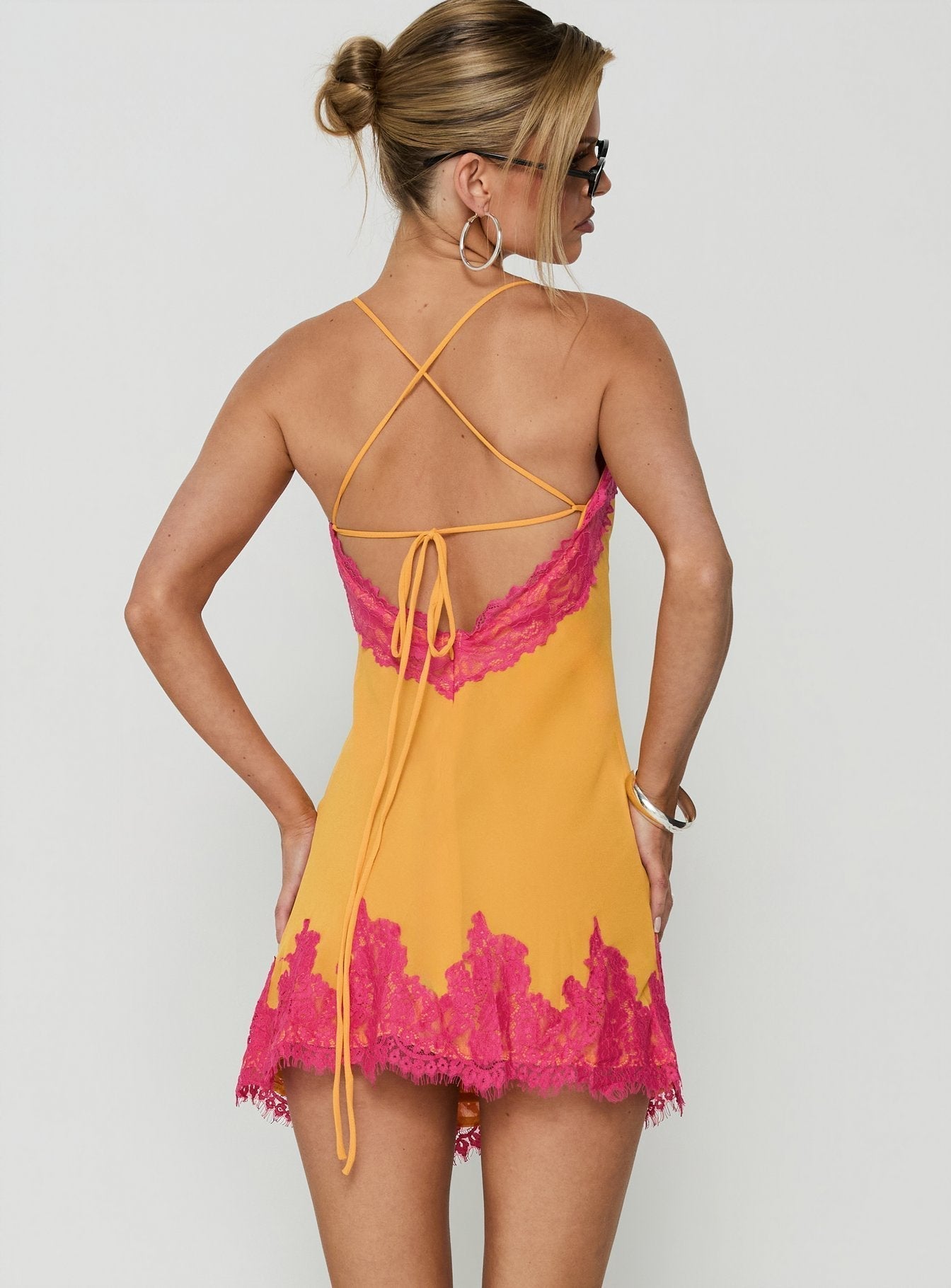 Call My Lover Lace Slip Mini Dress Gold / Fuchsia