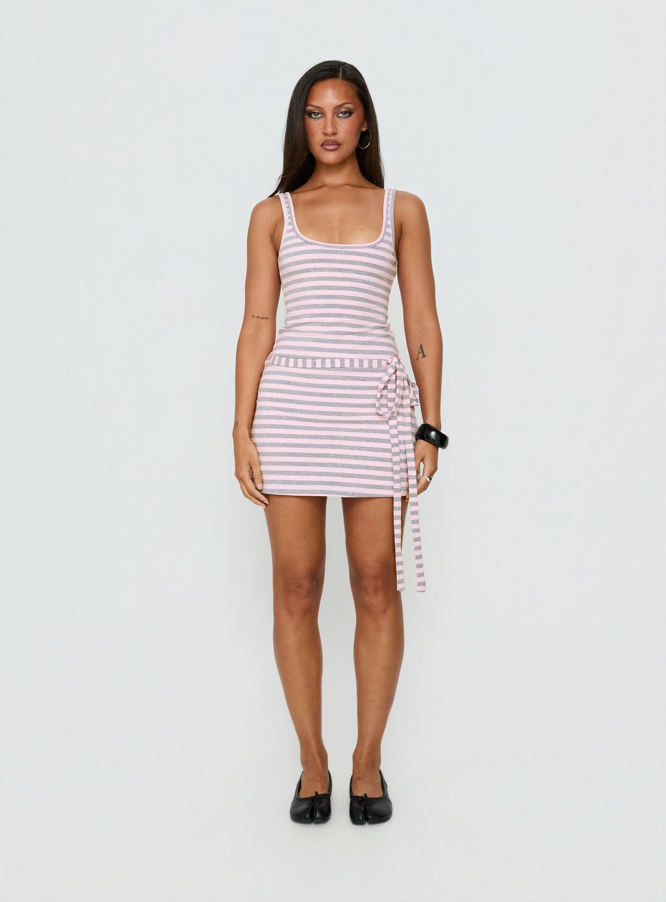 Favourite Daughter Tie Detail Mini Dress Pink / Grey Stripe