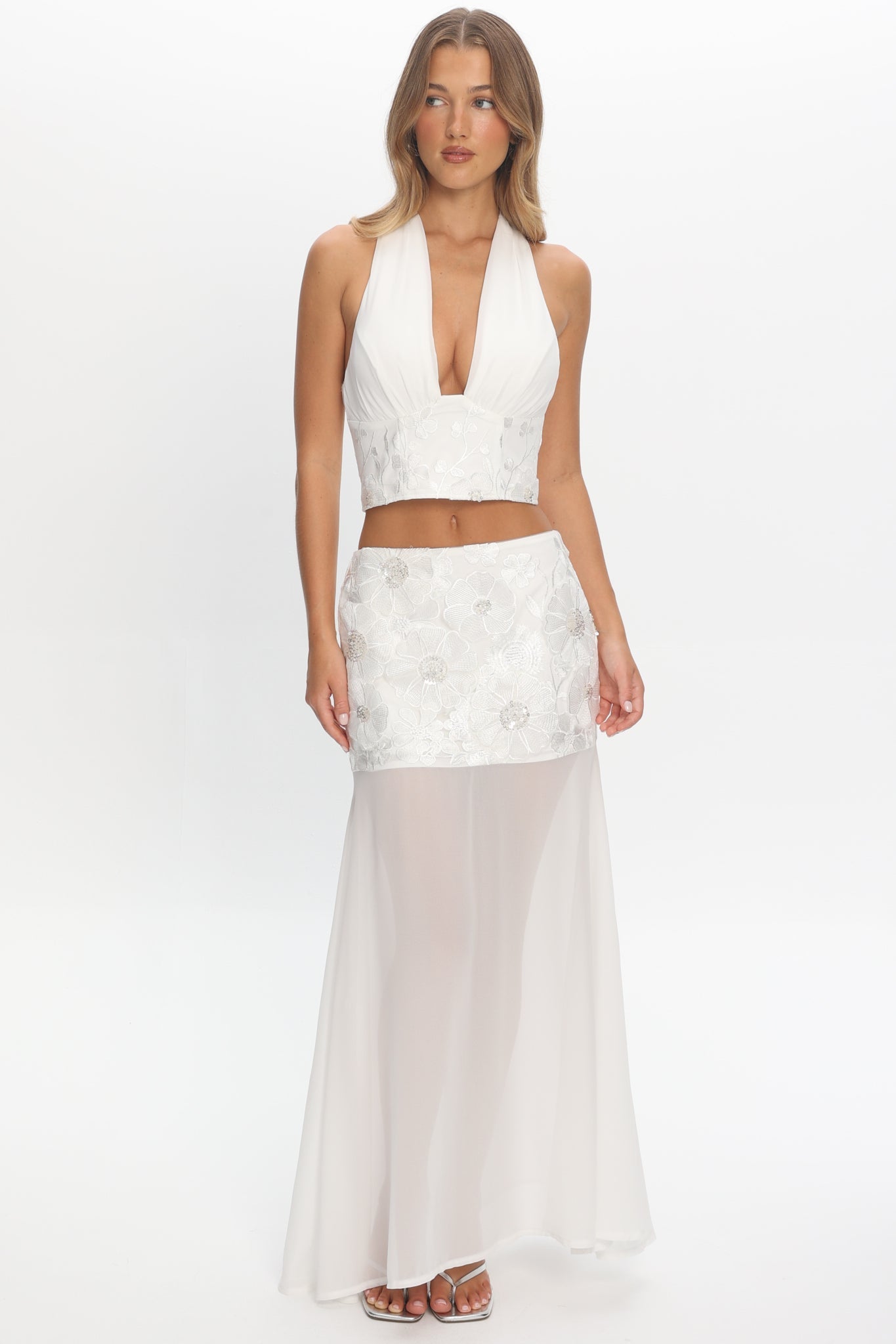 Opulent Sheer Hem Maxi Skirt Embroidered Off White