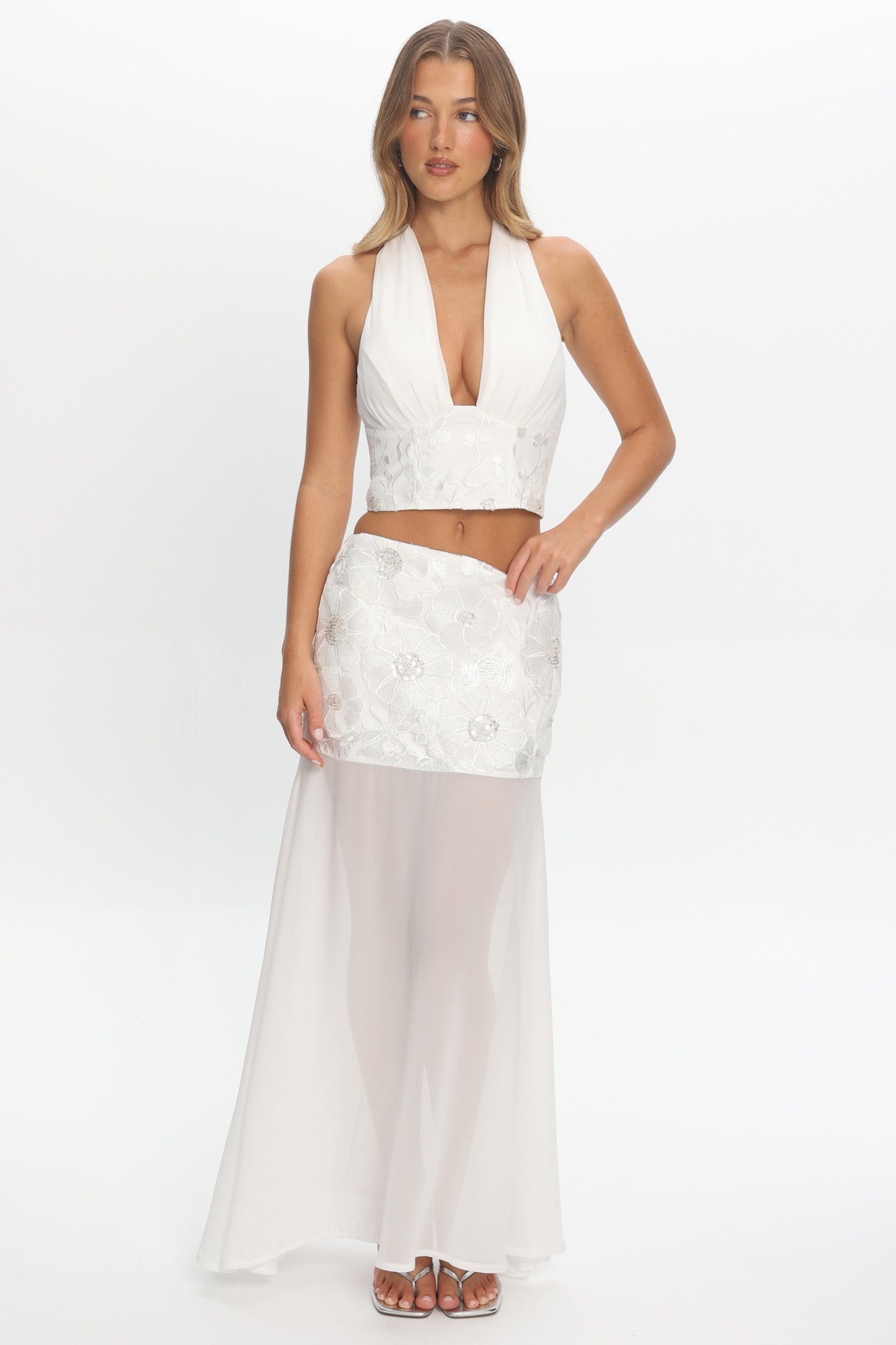 Opulent Sheer Hem Maxi Skirt Embroidered Off White