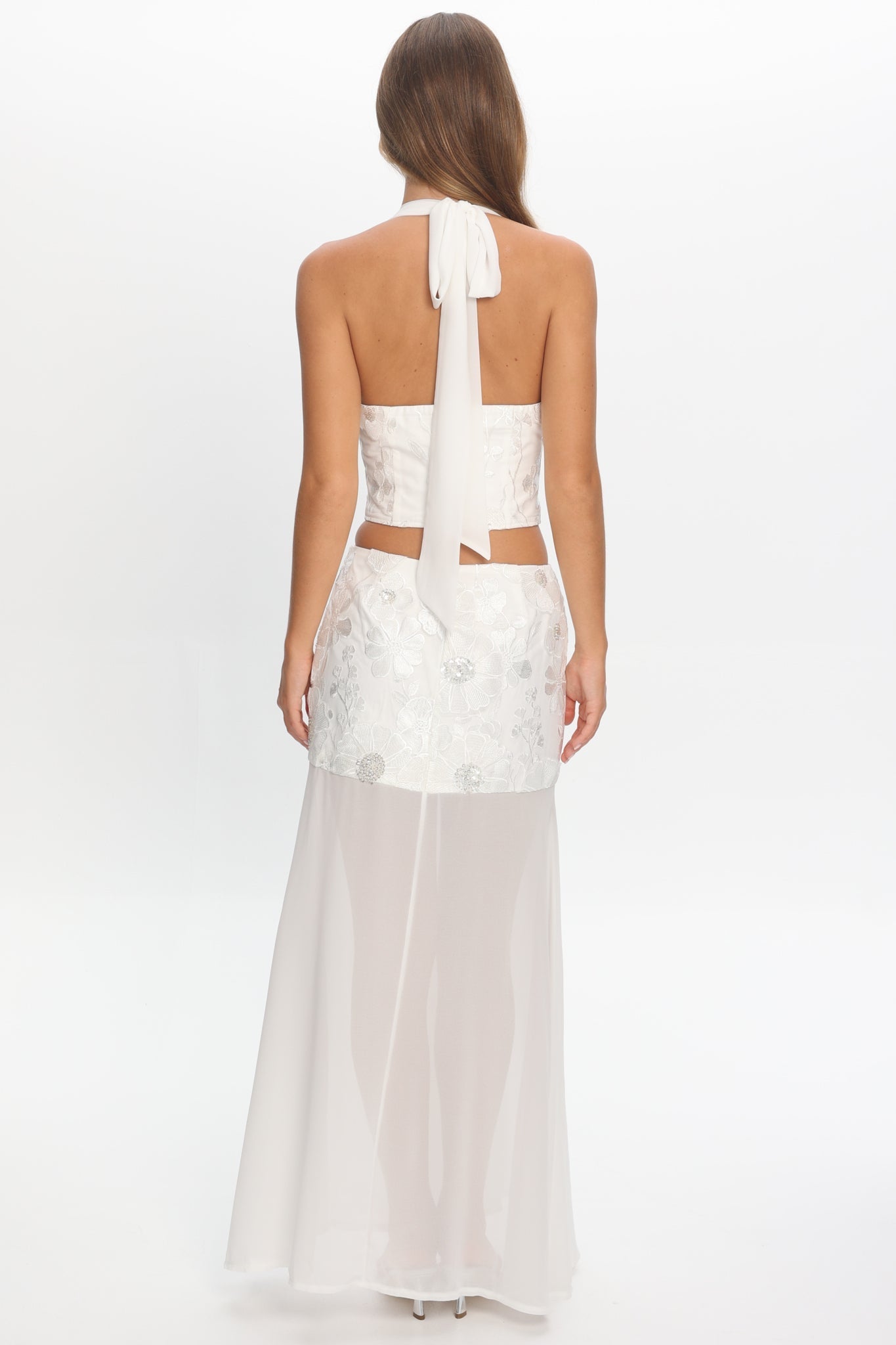 Opulent Sheer Hem Maxi Skirt Embroidered Off White