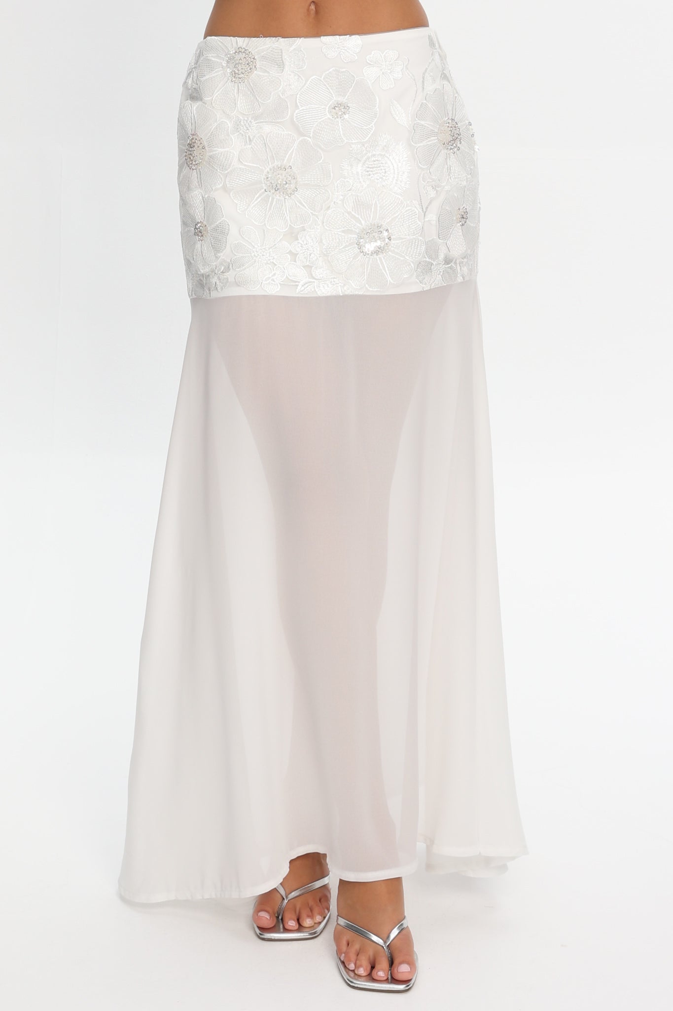 Opulent Sheer Hem Maxi Skirt Embroidered Off White