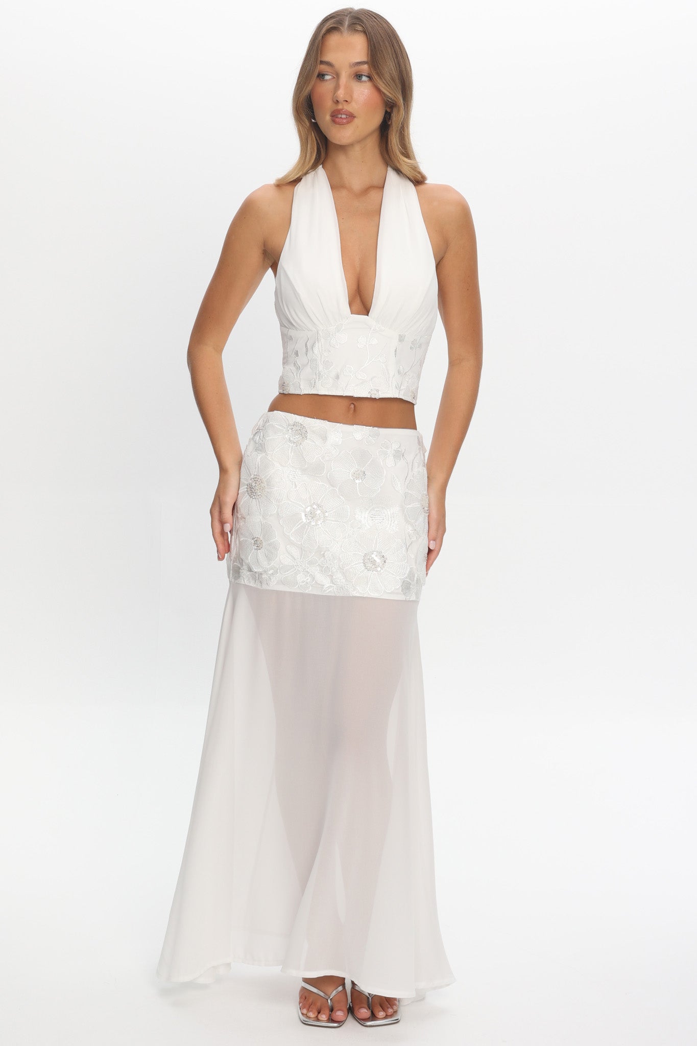 Opulent Sheer Hem Maxi Skirt Embroidered Off White