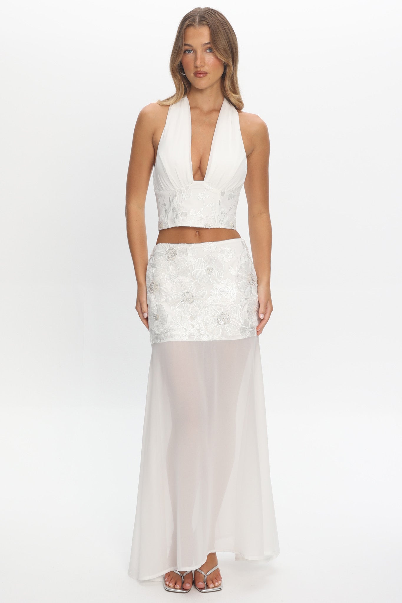 Opulent Halterneck Top Embroidered Off White