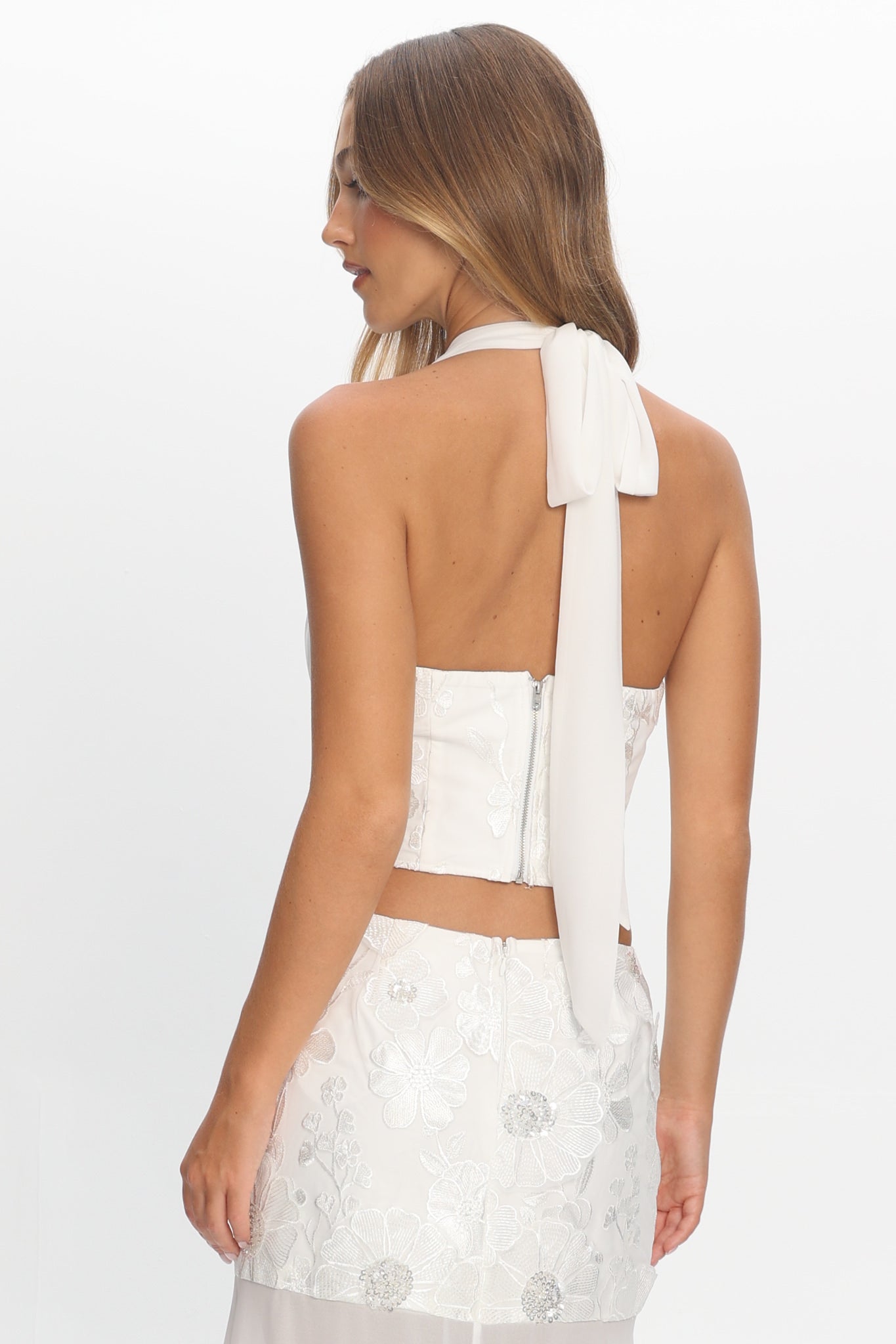 Opulent Halterneck Top Embroidered Off White