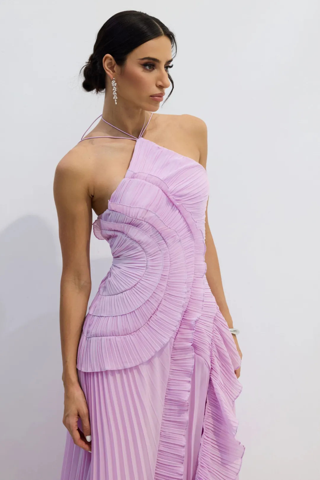 Nina Asymmetry Pleated Halterneck Midi Dress