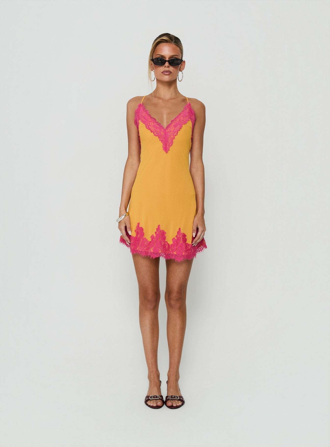 Call My Lover Lace Slip Mini Dress Gold / Fuchsia