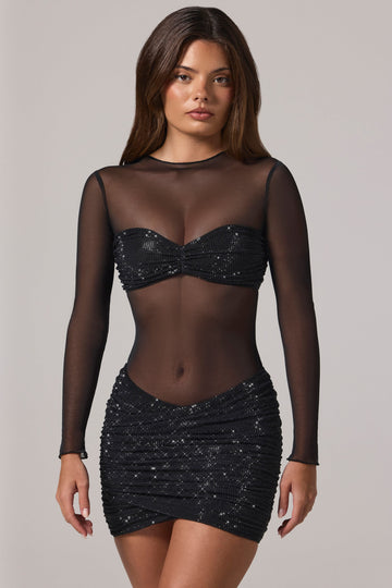 Sheer Embellished High-Neck Long Sleeve Mini Dress in Black