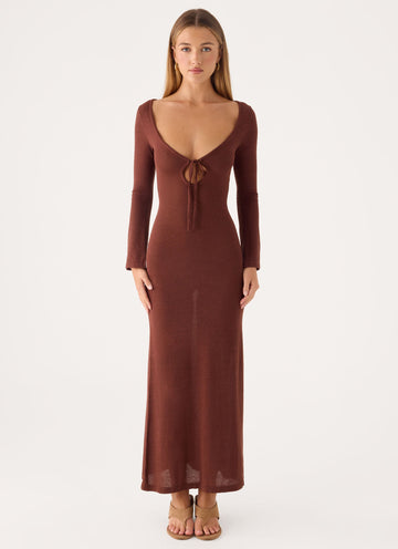 Amarise Knit Tie Front Maxi Dress - Chocolate