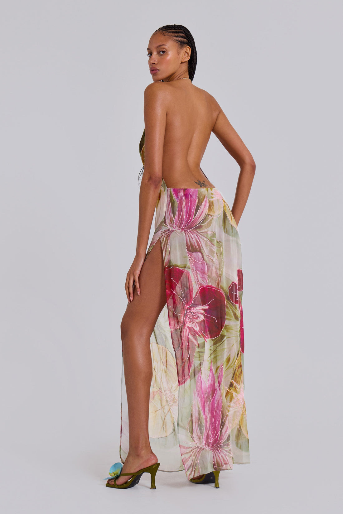 Dahlia Hand-Beaded Backless Chiffon Maxi Dress in Rosa