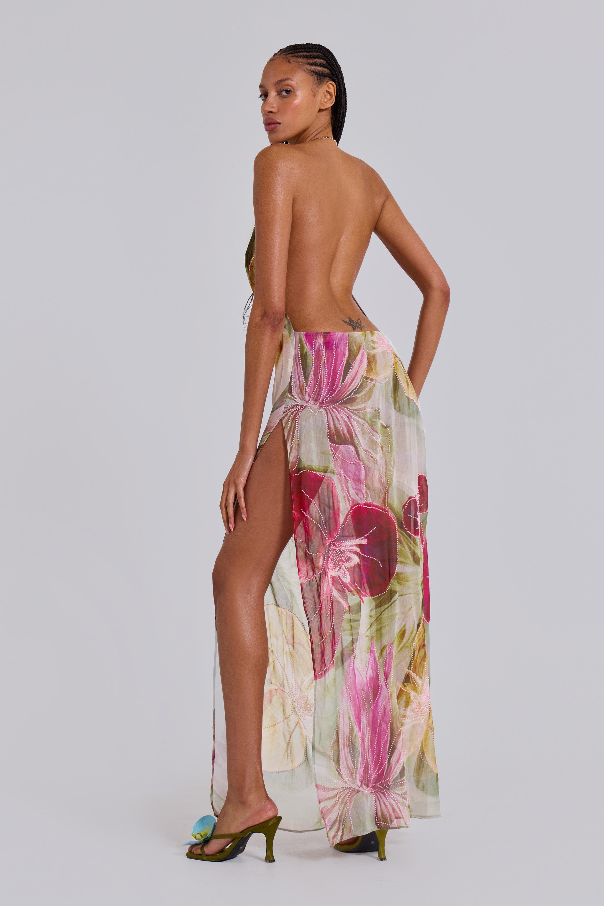 Dahlia Hand-Beaded Backless Chiffon Maxi Dress in Rosa