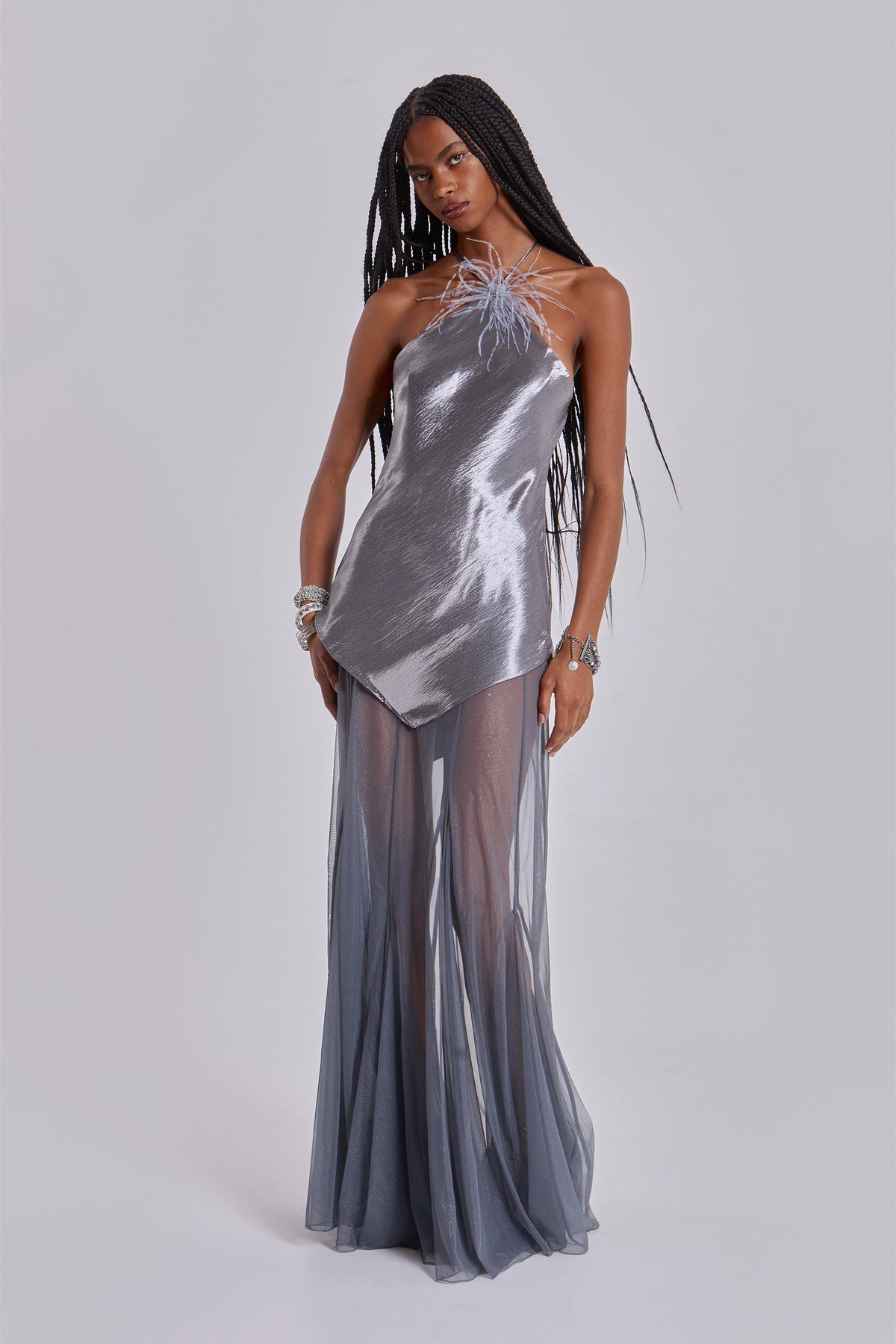 Talassa Maxi Dress with Real Feather