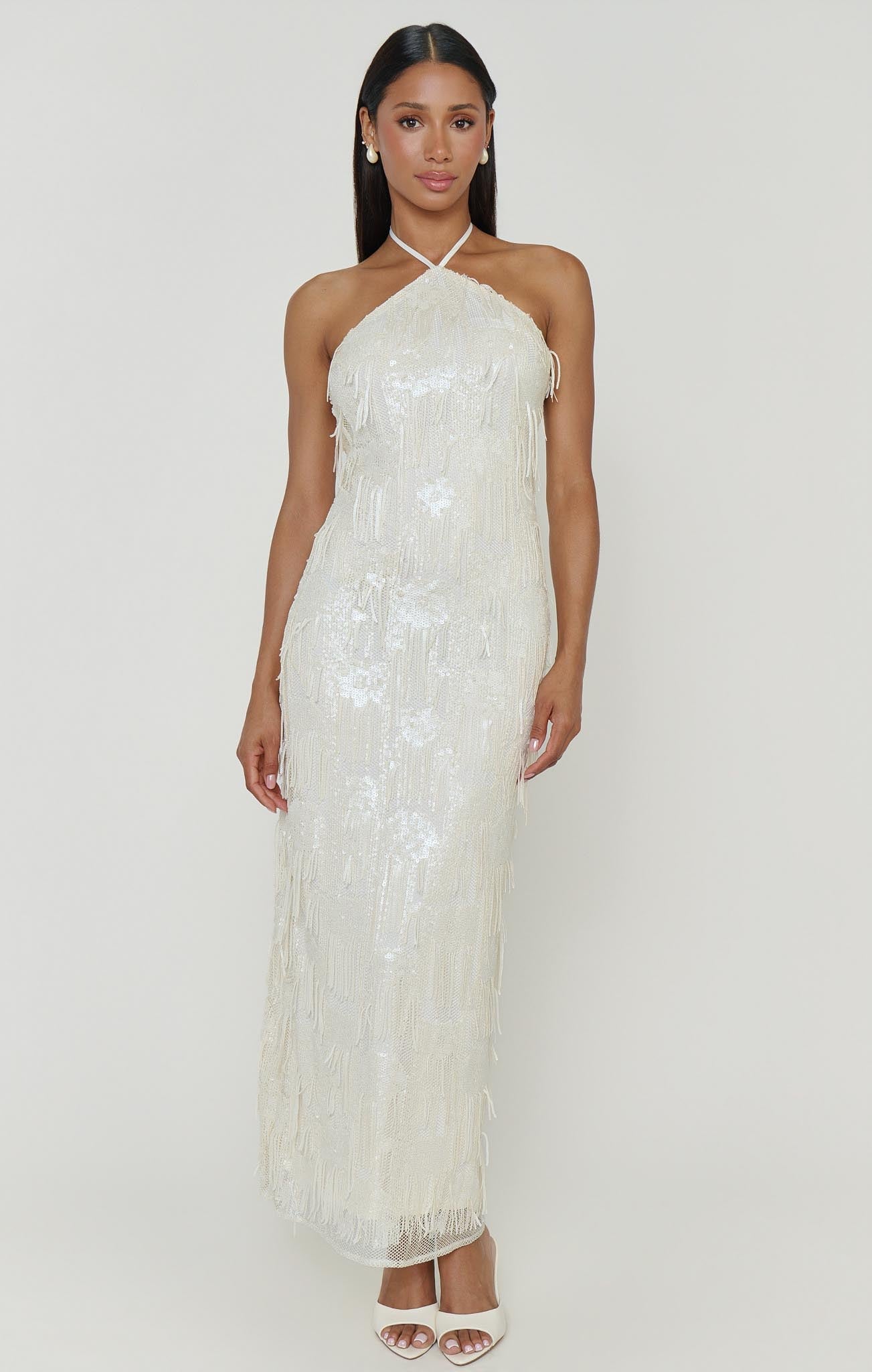 Julianna Maxi Dress ~ White Fringe Sequins
