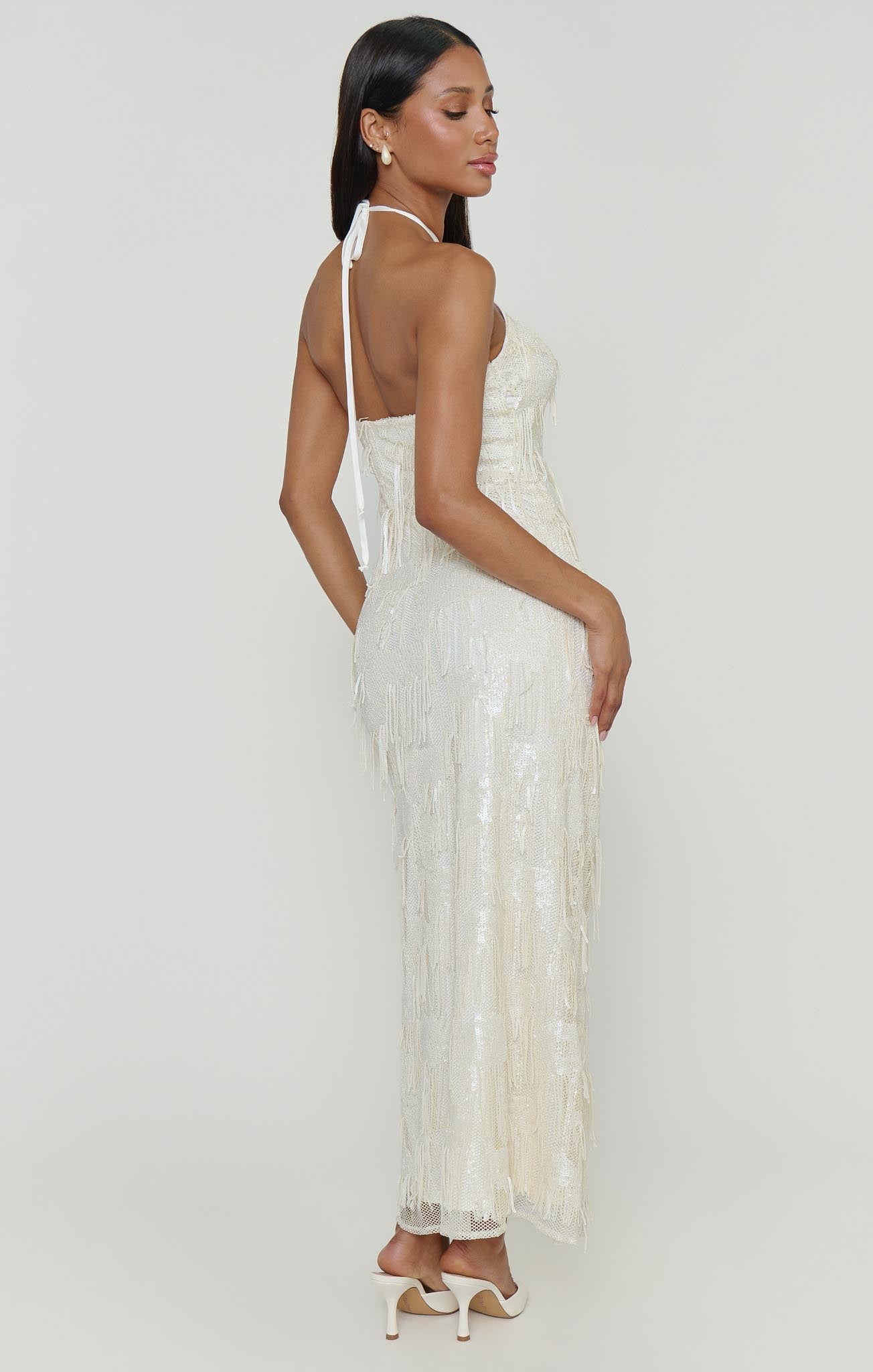 Julianna Maxi Dress ~ White Fringe Sequins