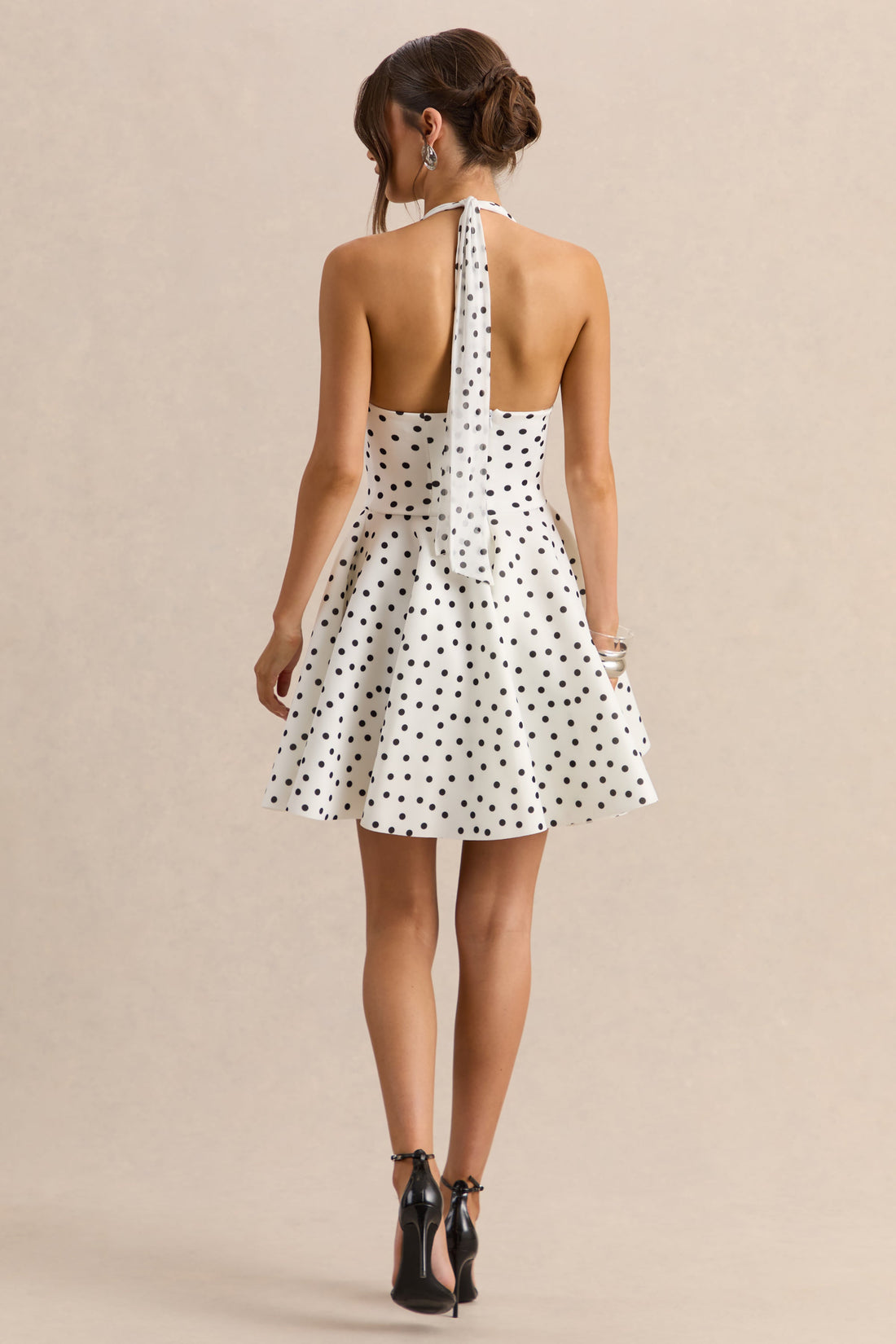 Peggy | White & Black Polka Dot Halter-Neck Skater Mini Dress