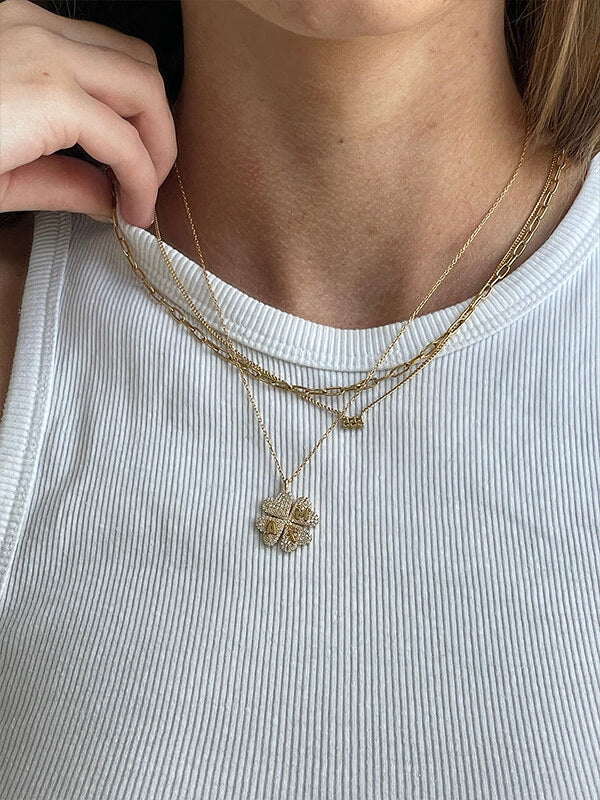 Clover 14K Gold Custom Pendant Necklace - 14K Gold. Pavé Cubic Zirconia Stones