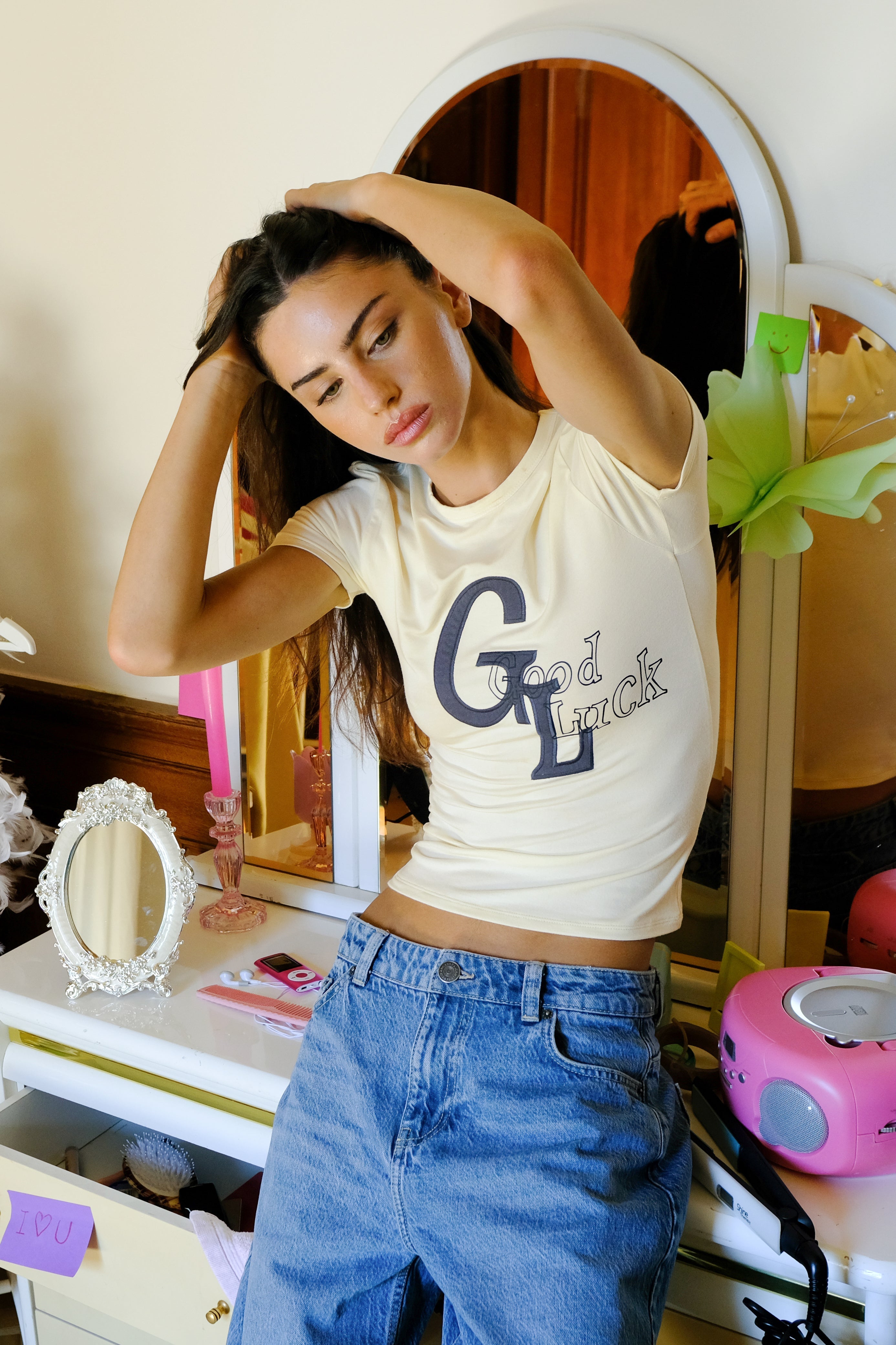 Good Luck Stretch Baby Tee in Yellow