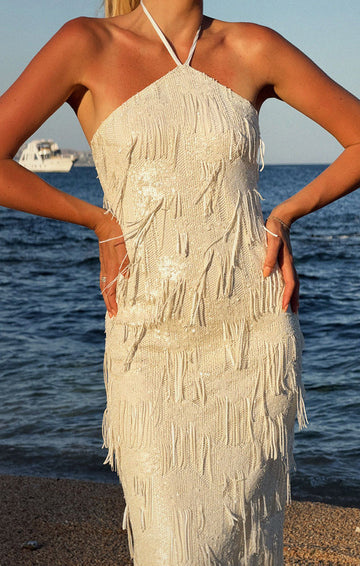 Julianna Maxi Dress ~ White Fringe Sequins