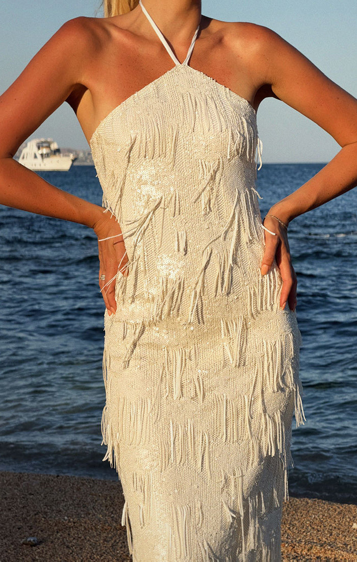 Julianna Maxi Dress ~ White Fringe Sequins