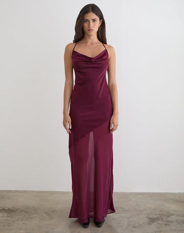 Eshara Maxi Dress in Chiffon Satin Burgundy