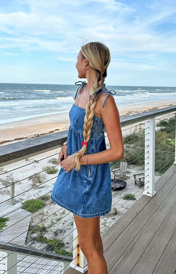 Ethel Blue Denim Tie Strap Mini Dress