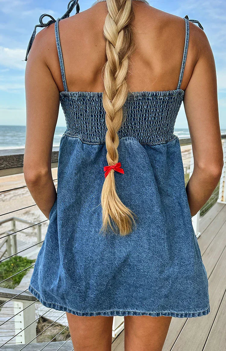 Ethel Blue Denim Tie Strap Mini Dress