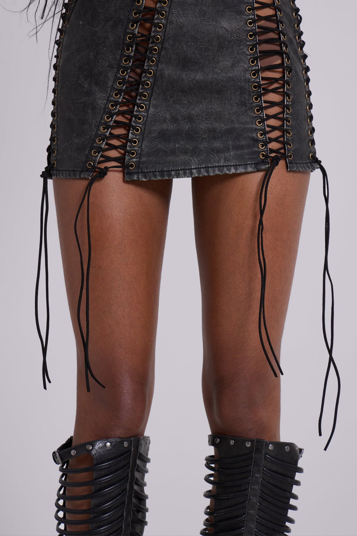Odile Black Faux Leather Lace Up Mini Dress