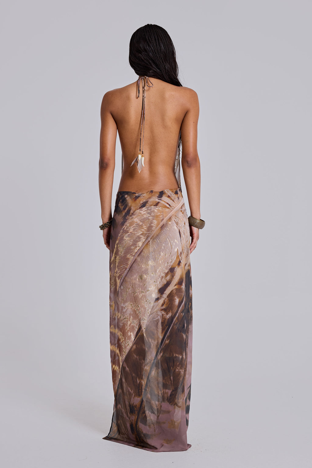 Alameda Metallic Cowl Backless Chiffon Maxi Dress
