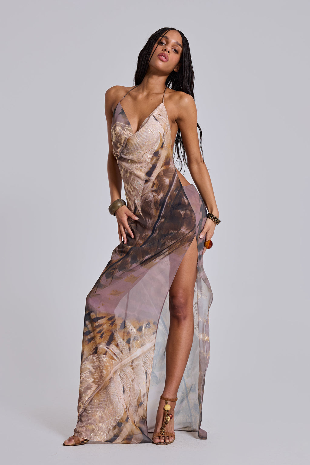 Alameda Metallic Cowl Backless Chiffon Maxi Dress