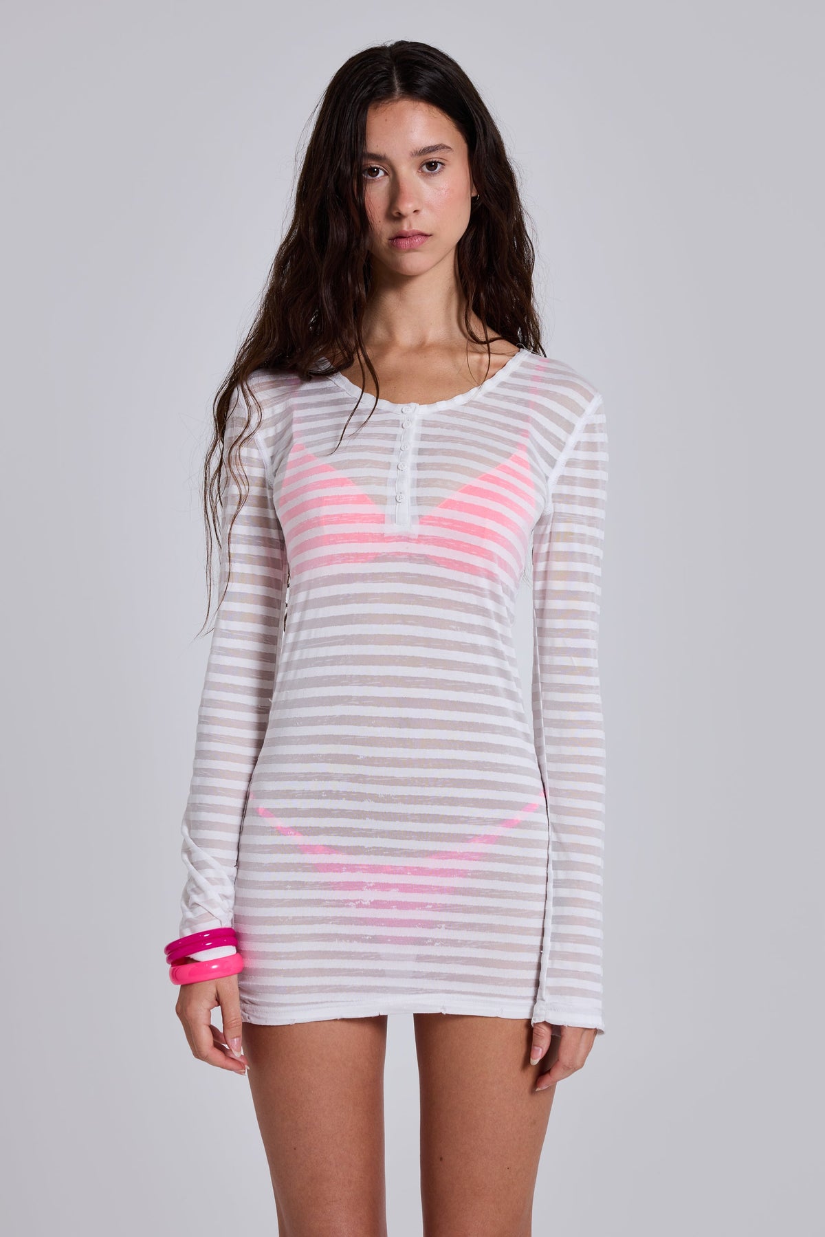 Sheer Henley Stripe Mini Dress