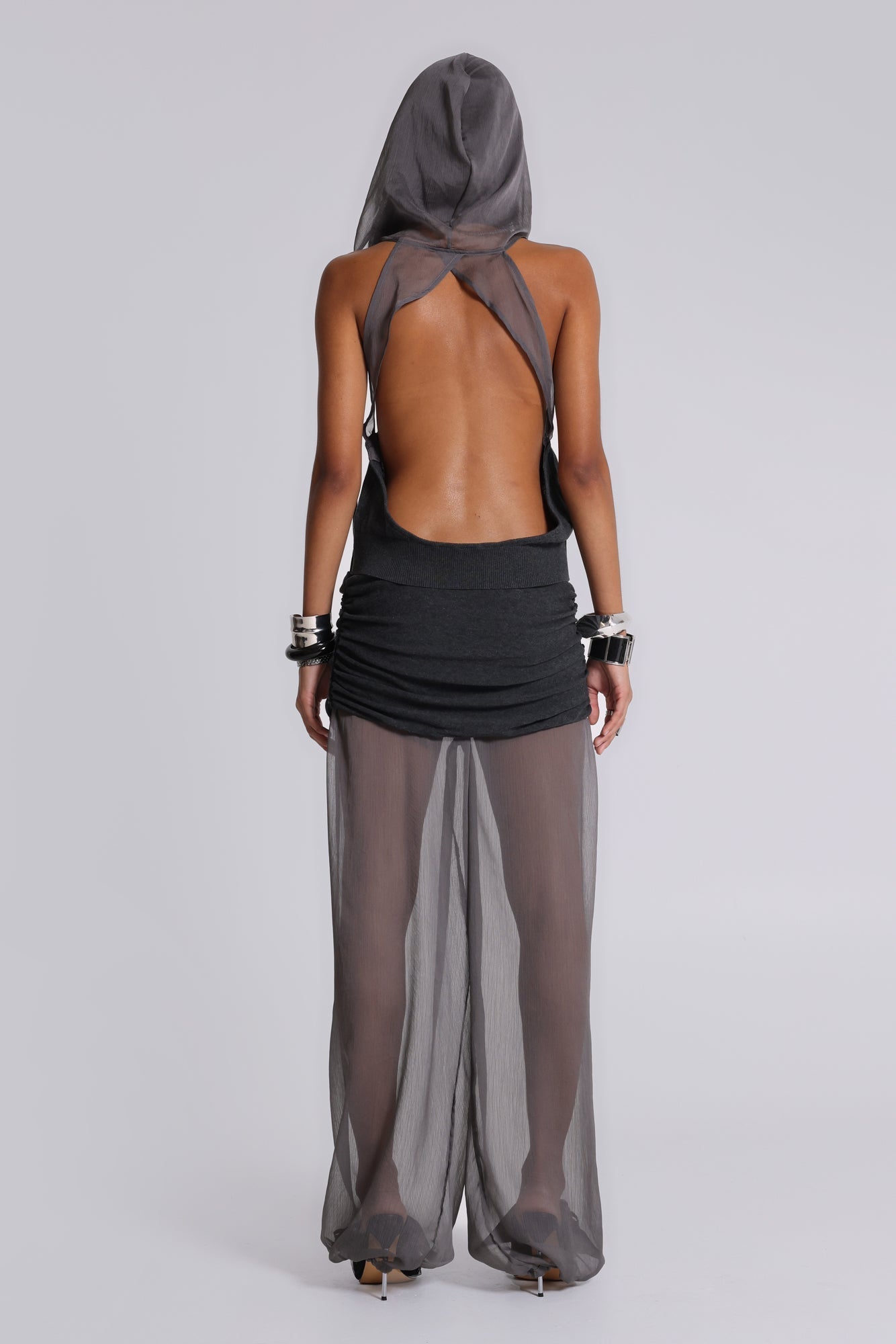 Lurien Backless Hooded Chiffon Knit Top